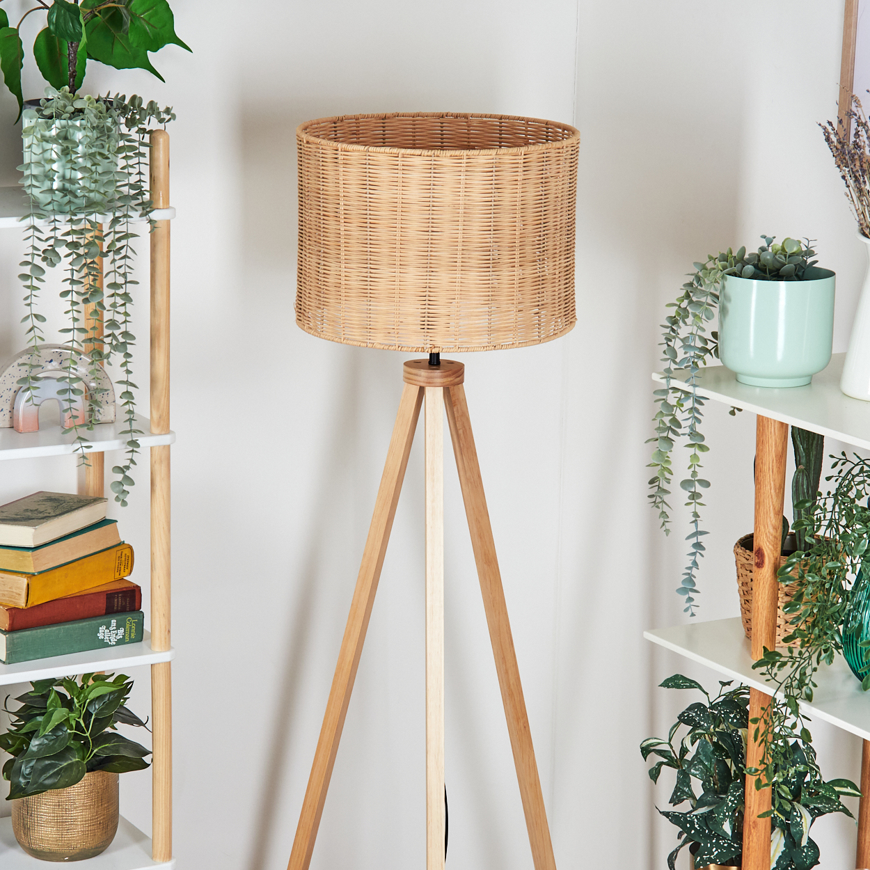 Eine gewebte Lampe steht auf Holzbeinen. Regale auf beiden Seiten beherbergen Pflanzen und Bücher. Der Hintergrund ist eine weiße Wand.