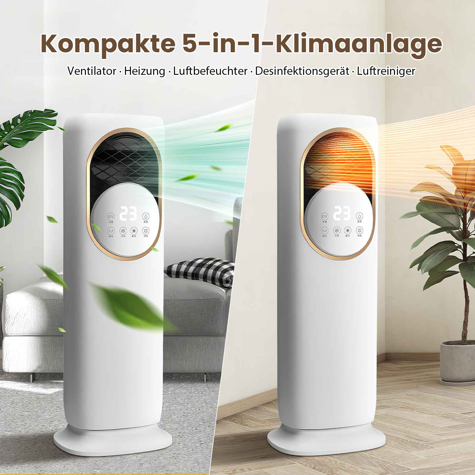Zwei weiße Luftreiniger mit Digitalanzeigen. Der Text oben lautet: Kompakte 5-in-1-Klimaanlage.