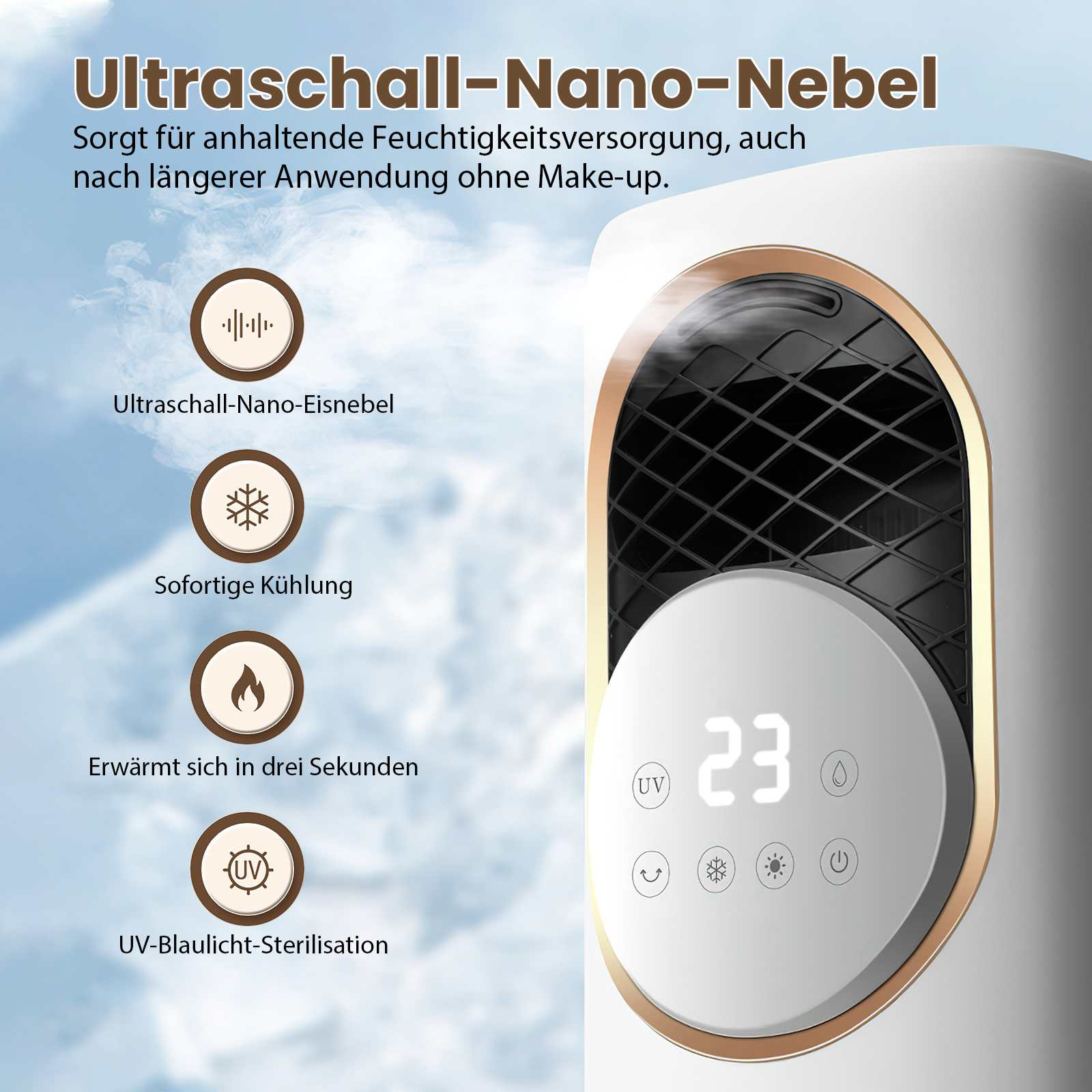Ein weiß-goldenes Gerät mit digitaler Anzeige '23'. Es hat ein schwarzes Gitter und erzeugt Nebel.