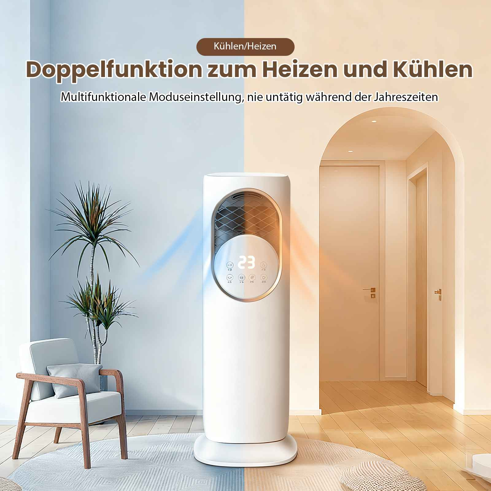 Ein weißes Heiz- und Kühlgerät mit Digitalanzeige, die 23 anzeigt. Ein Stuhl und Pflanzen sind im Hintergrund.