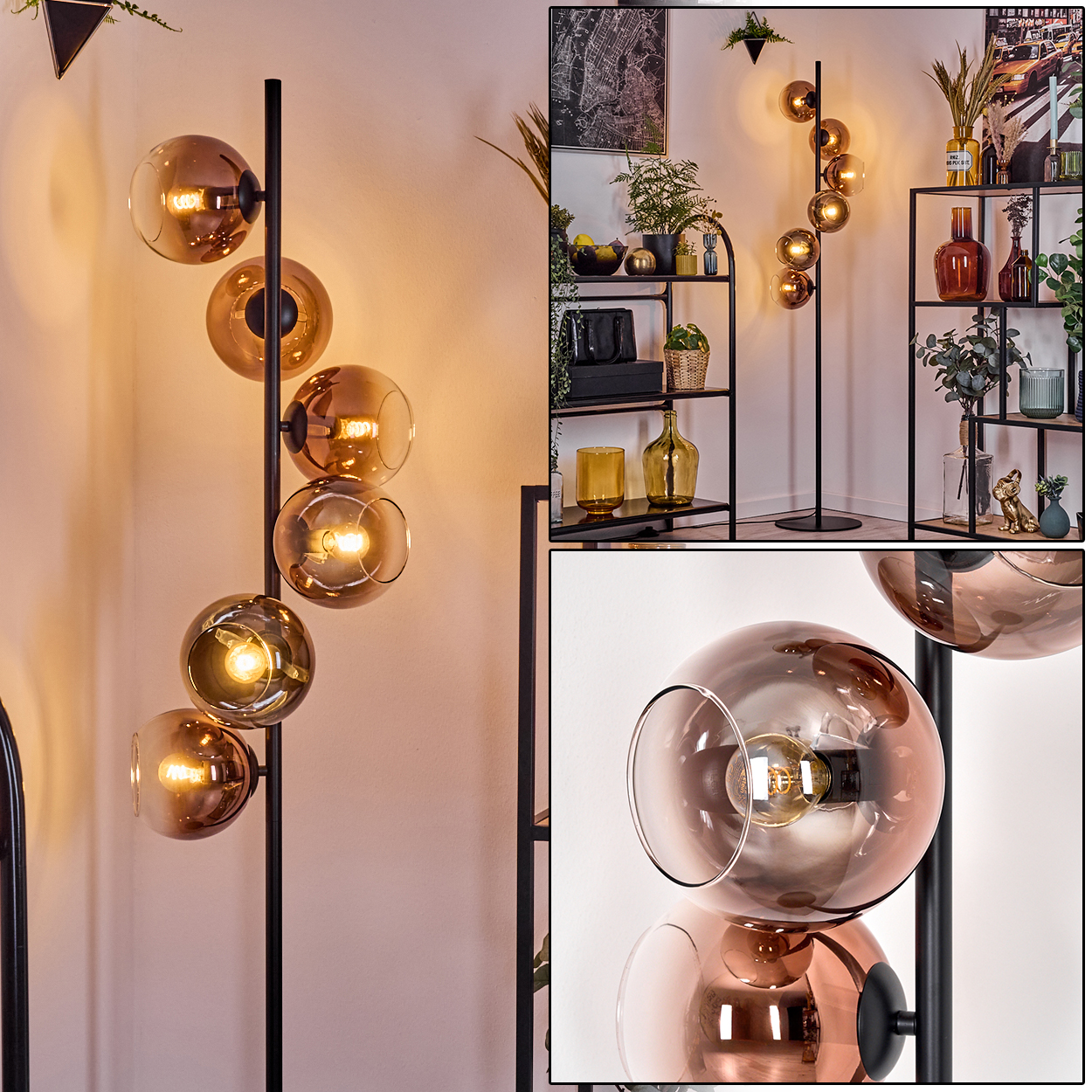 Eine moderne Stehlampe mit sechs bernsteinfarbenen Glaskugeln. Im Hintergrund sind Regale mit Dekoration und Pflanzen zu sehen.