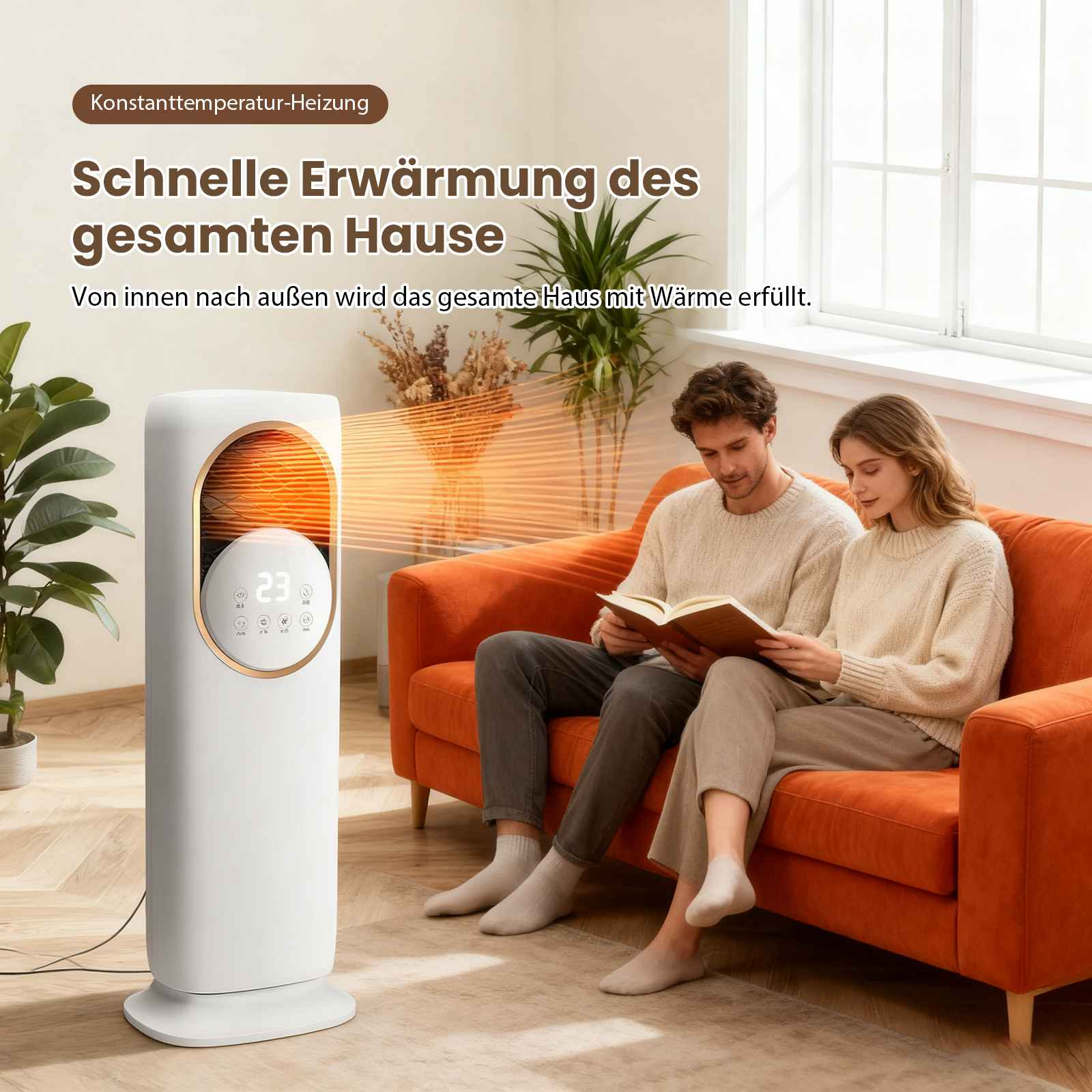 Ein Paar sitzt auf einem orangefarbenen Sofa und liest, mit einem weißen Heizgerät in der Nähe. Die Heizung ist eingeschaltet.