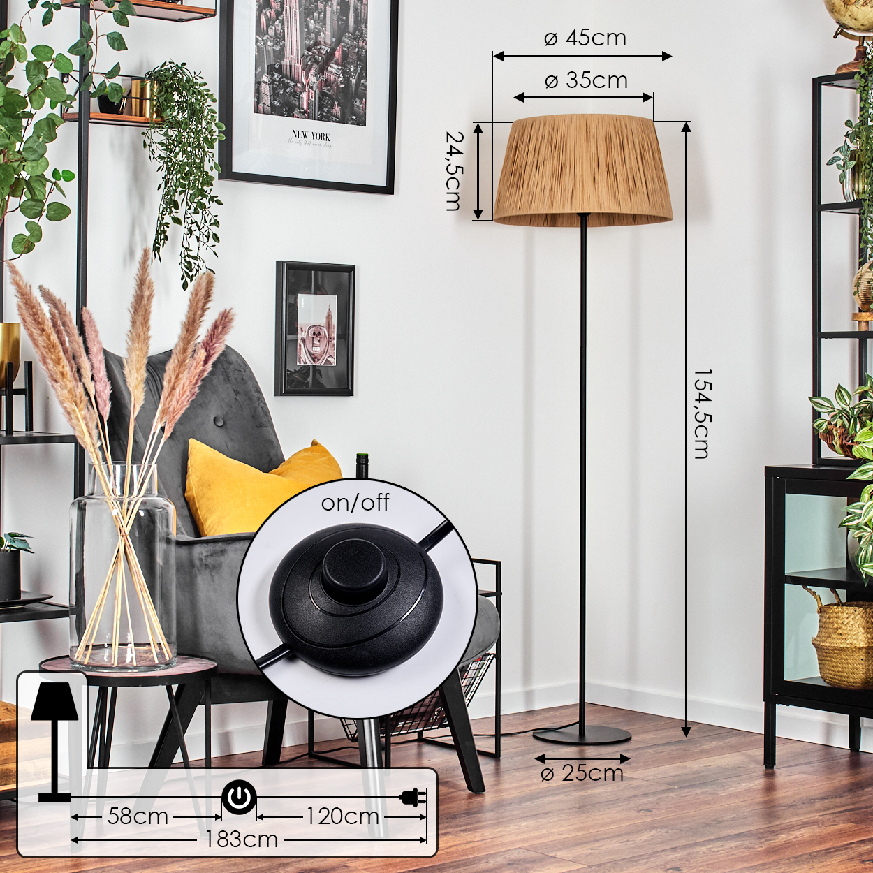 Ein Raum mit Stehlampe, Sessel und Regalen. Die Lampe hat einen beigefarbenen Schirm. Abmessungen sind angegeben. Ein/Aus-Taste sichtbar.
