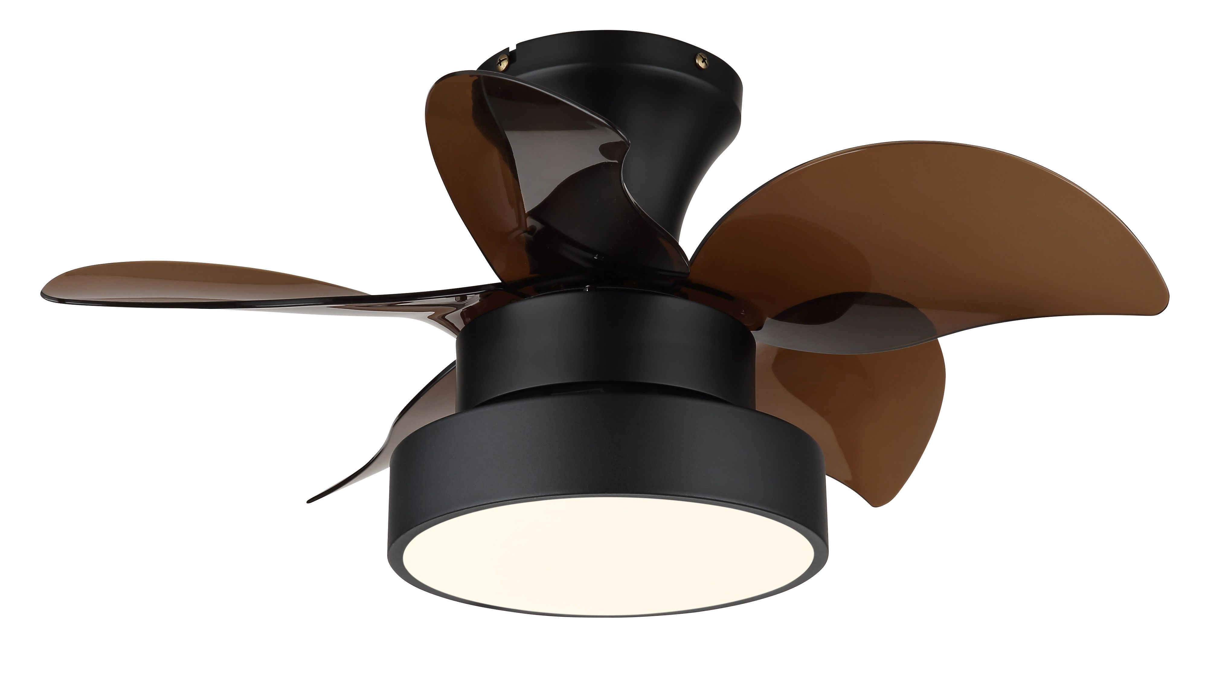 Ein Deckenventilator mit schwarzem Motor und drei braunen Flügeln. Er hat unten ein Licht. Der Hintergrund ist weiß.