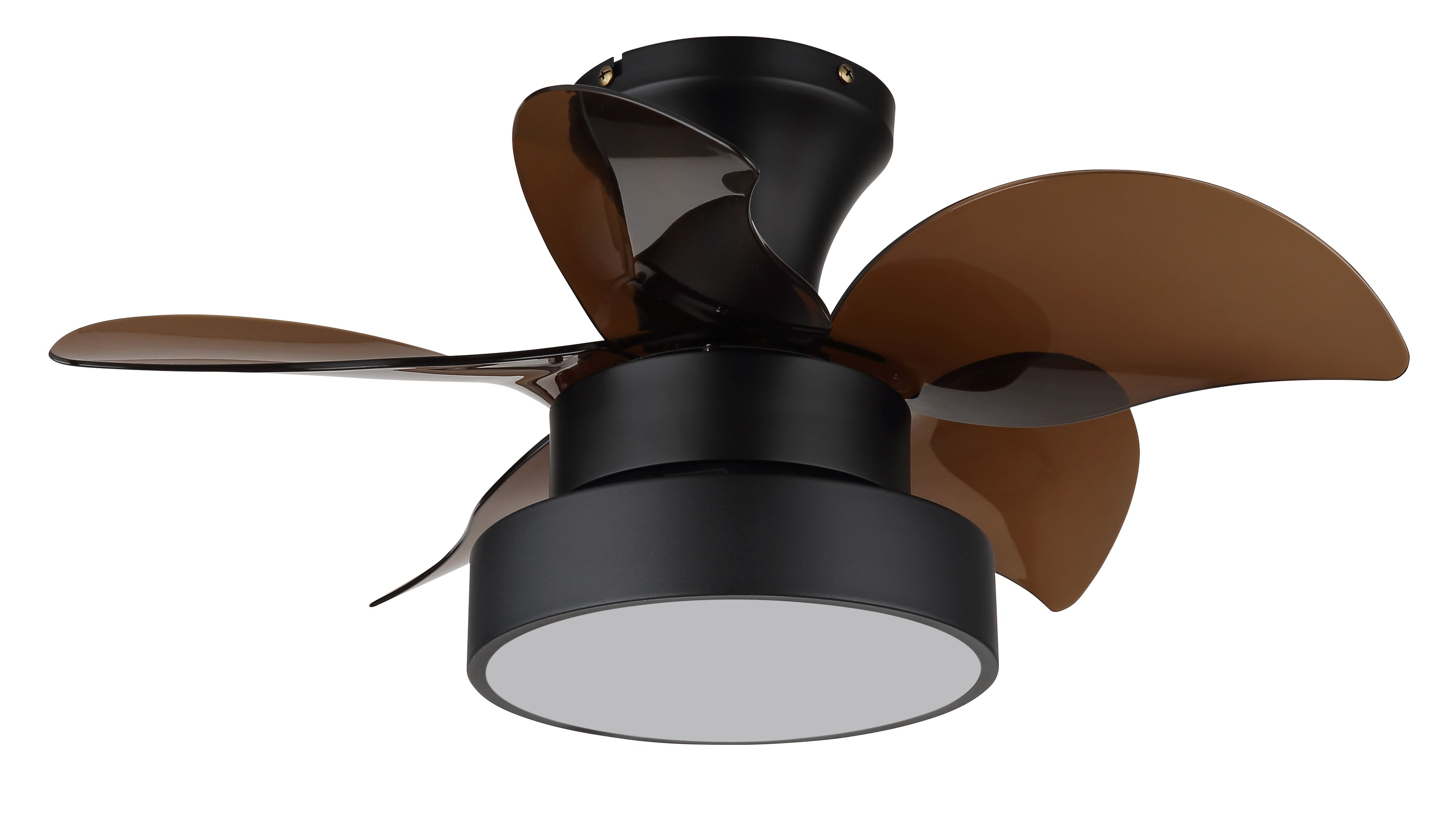 Ein Deckenventilator mit drei braunen Flügeln und einem schwarzen Sockel. Der Ventilator hat unten ein kreisförmiges Licht.