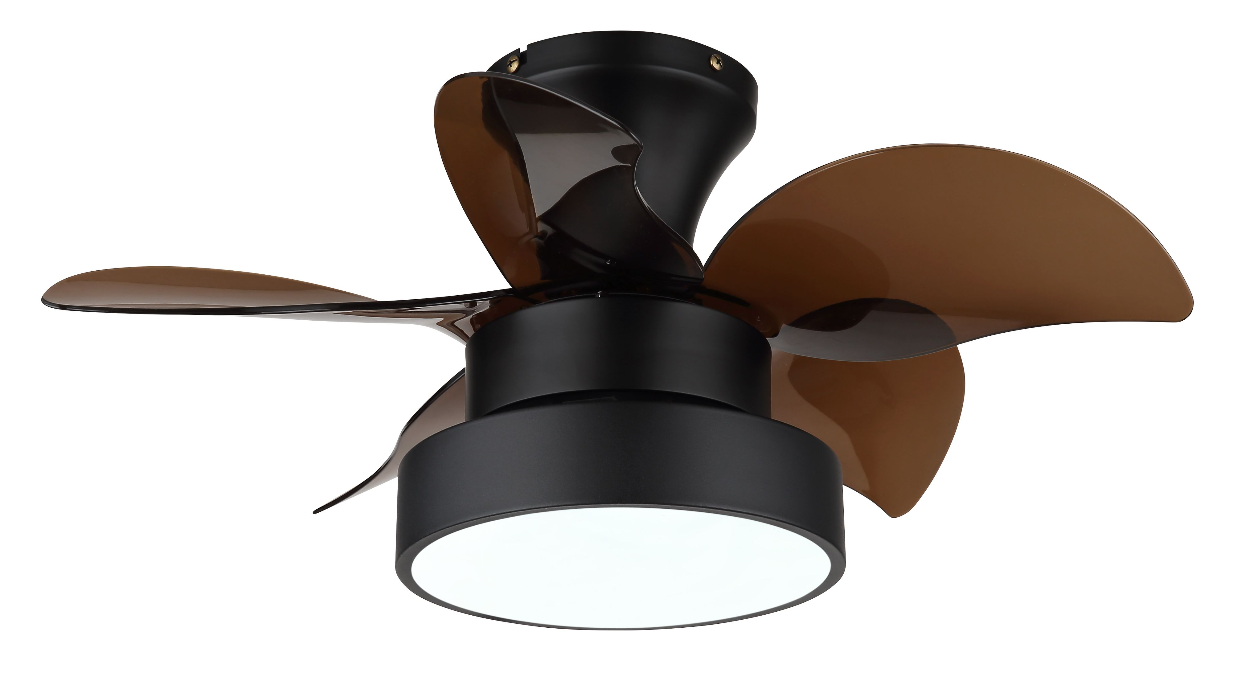 Deckenventilator mit drei braunen Flügeln und schwarzem Motorgehäuse. Das Licht ist weiß. Der Hintergrund ist weiß.