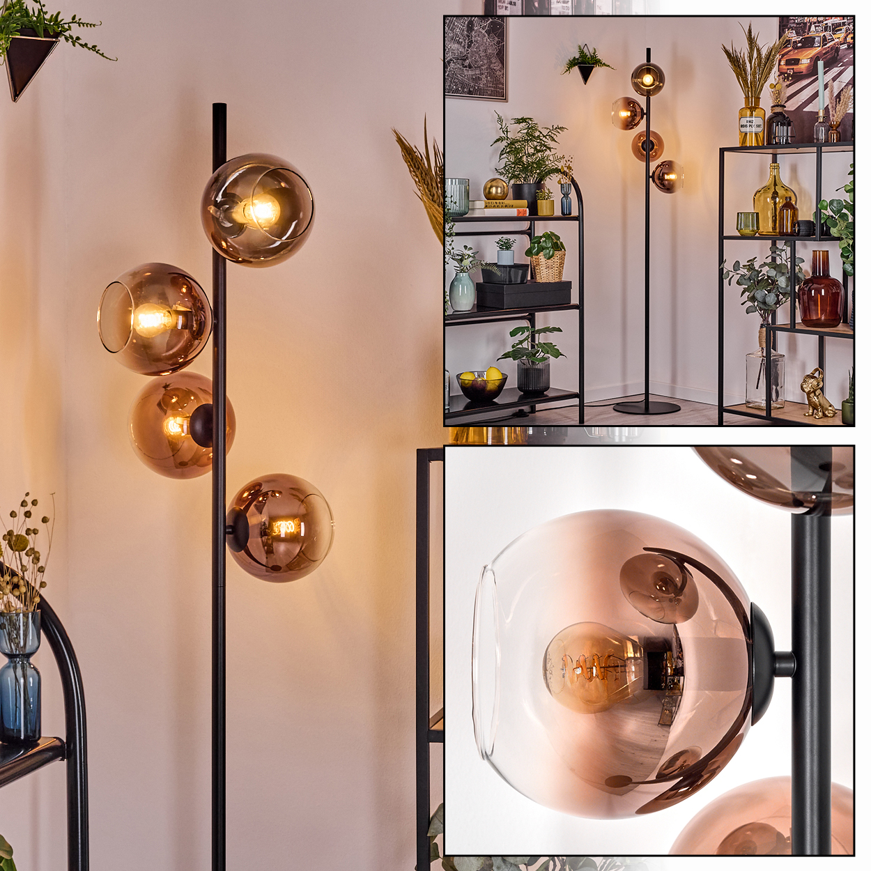 Eine moderne Stehlampe mit vier bernsteinfarbenen Glaskugeln. Der Hintergrund zeigt Regale mit Pflanzen und Dekorationsartikeln.