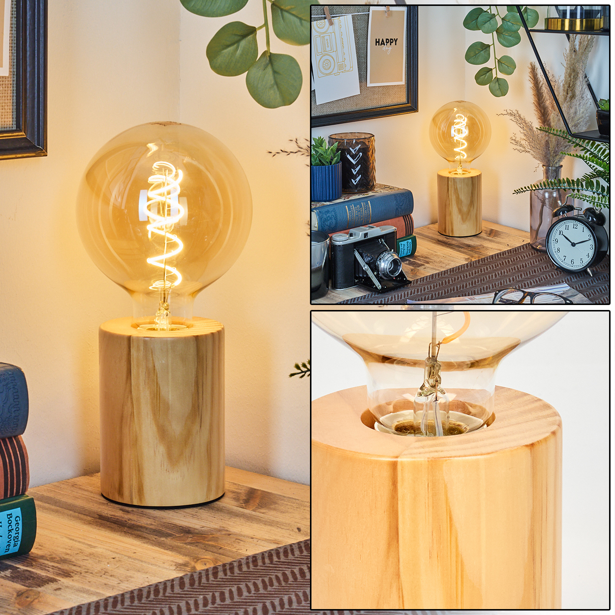 Eine dekorative Lampe mit großer Glühbirne und Holzsockel steht auf einem Holztisch. Ein Wendelfaden leuchtet im Inneren.