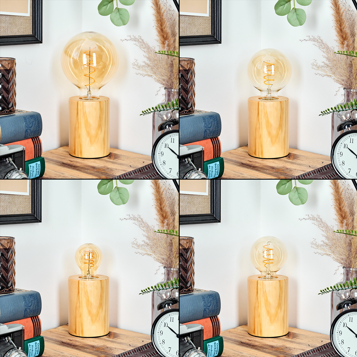 Eine Holzlampen mit großer Glühbirne, Bücher, eine Uhr und dekorative Pflanzen stehen auf einem Holzregal. Ein Rahmen hängt an der Wand.