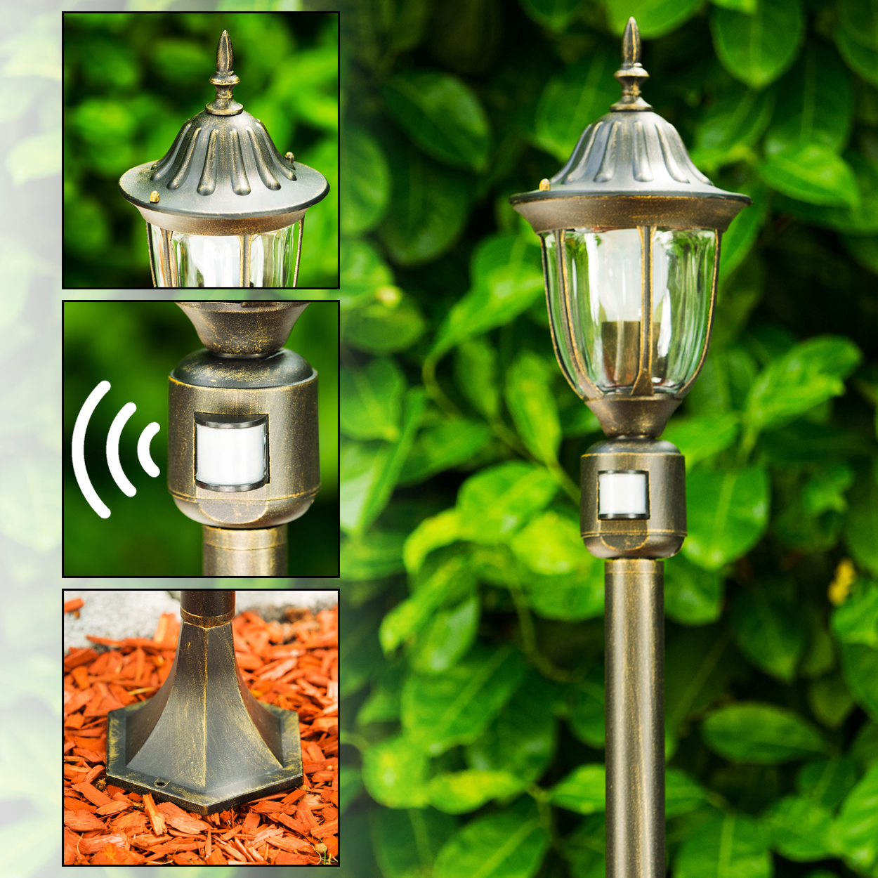 Eine Laterne im Freien mit Bronze-Finish. Sie hat einen Glasschirm und einen Bewegungssensor. Der Hintergrund ist grünes Laub.