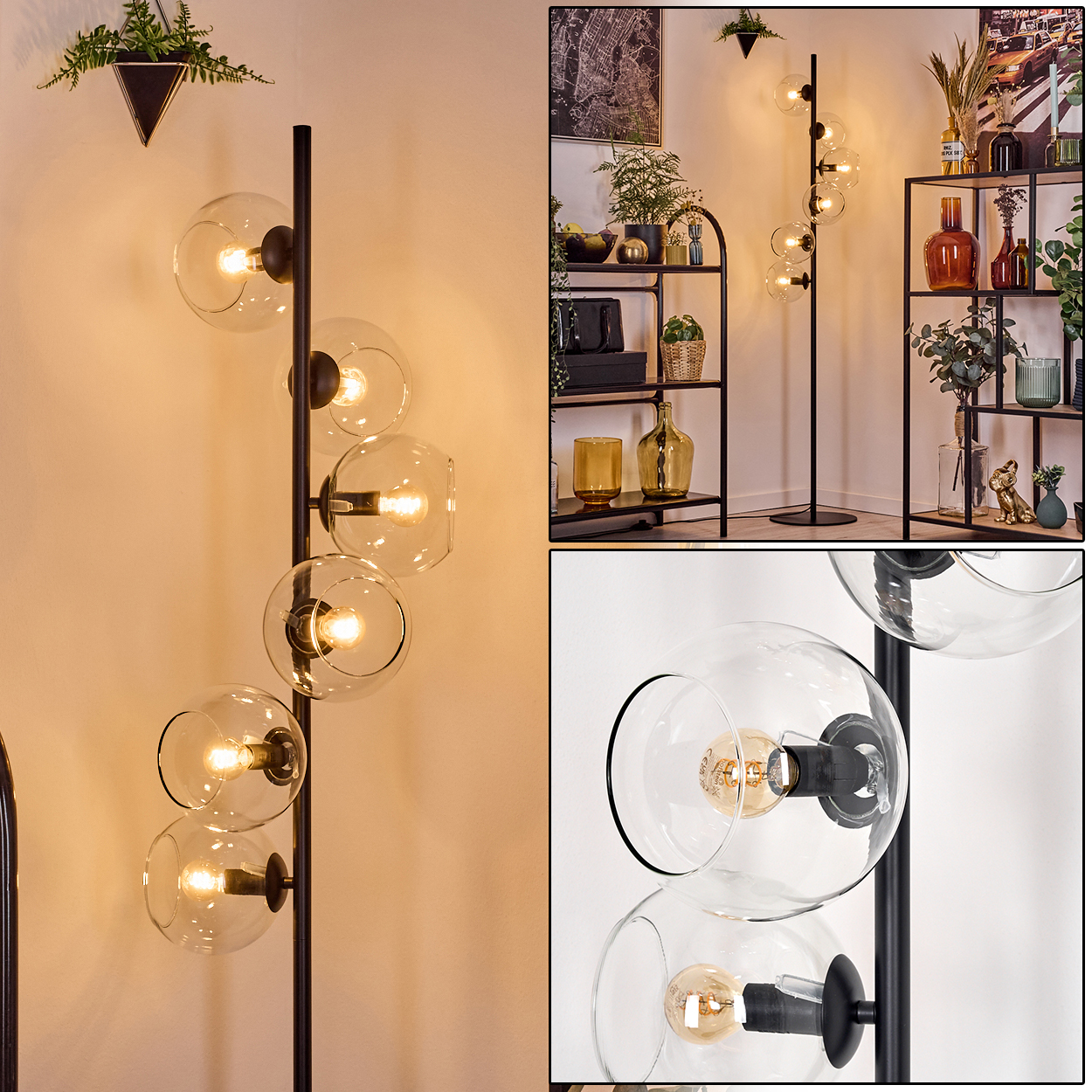 Eine moderne Stehlampe mit Glaskugelschirmen. Sie steht in der Nähe von Regalen mit Pflanzen und Dekoration. Die Wand ist hell.