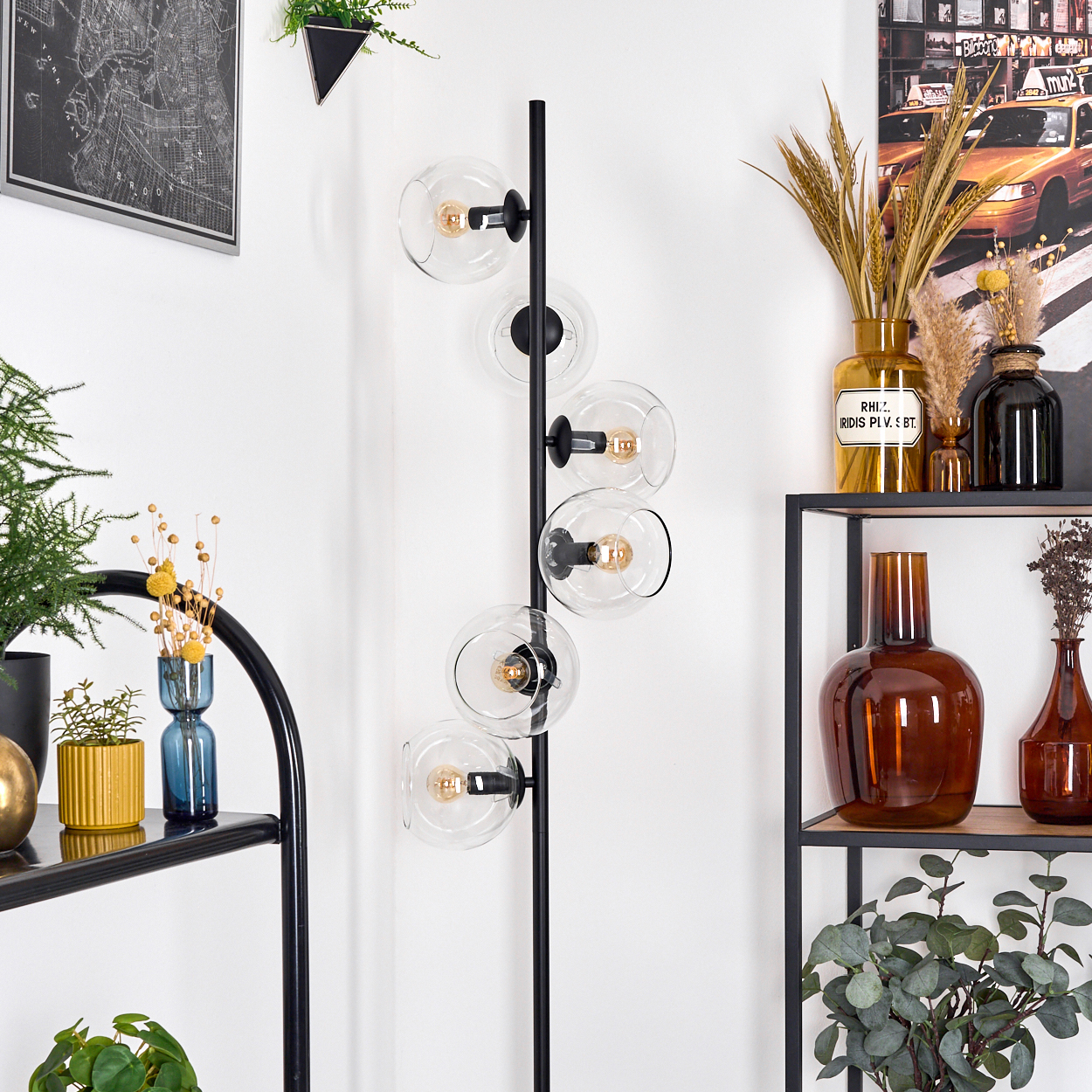Eine moderne Lampe mit Glaskugeln, schwarzem Rahmen und Dekor auf Regalen. Enthält Vasen, Pflanzen und einen Kartendruck.