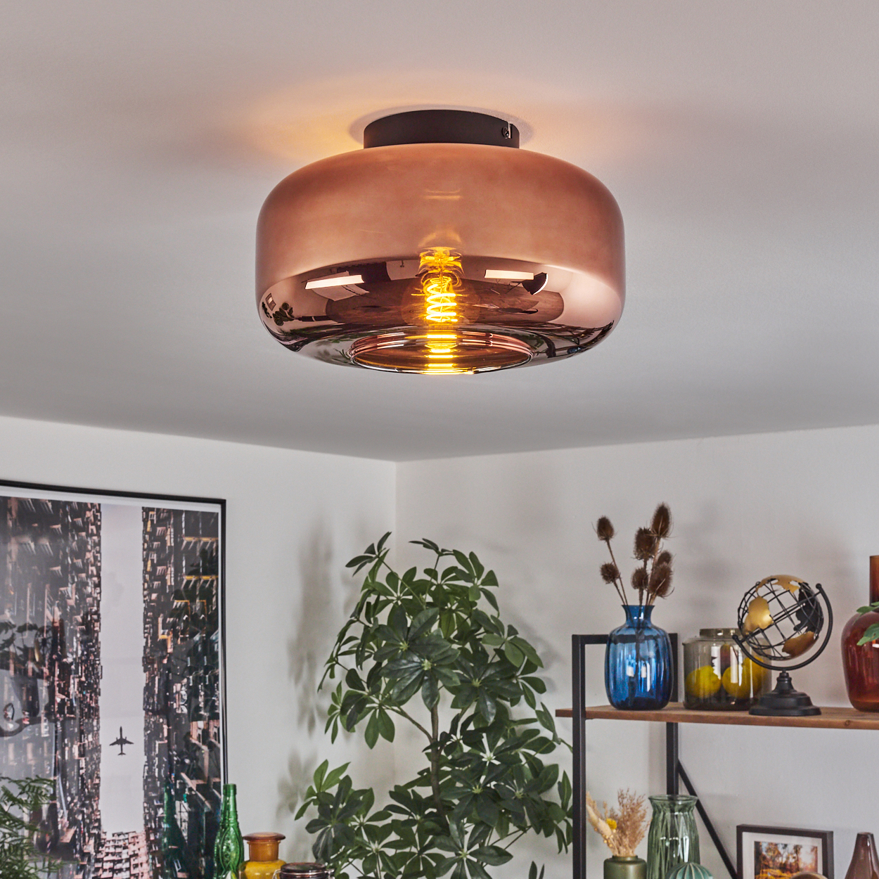 Kupferfarbene Deckenlampe mit sichtbarer Glühbirne. Pflanzen und ein Regal mit Dekorationen im Hintergrund.