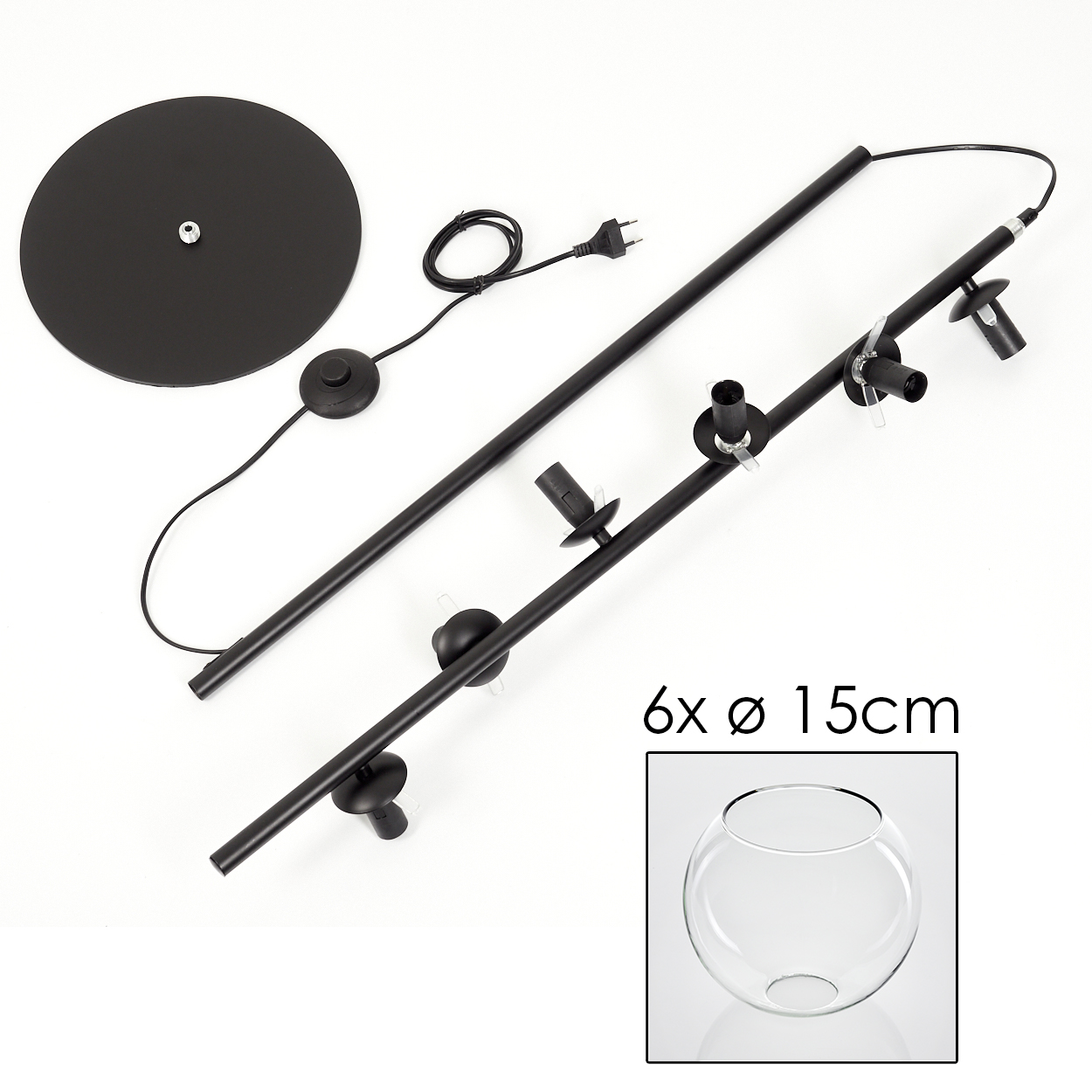 Schwarze Lampenteile: Basis, Stangen, Halter und Glasschirm. Text: 6x Ø 15cm.