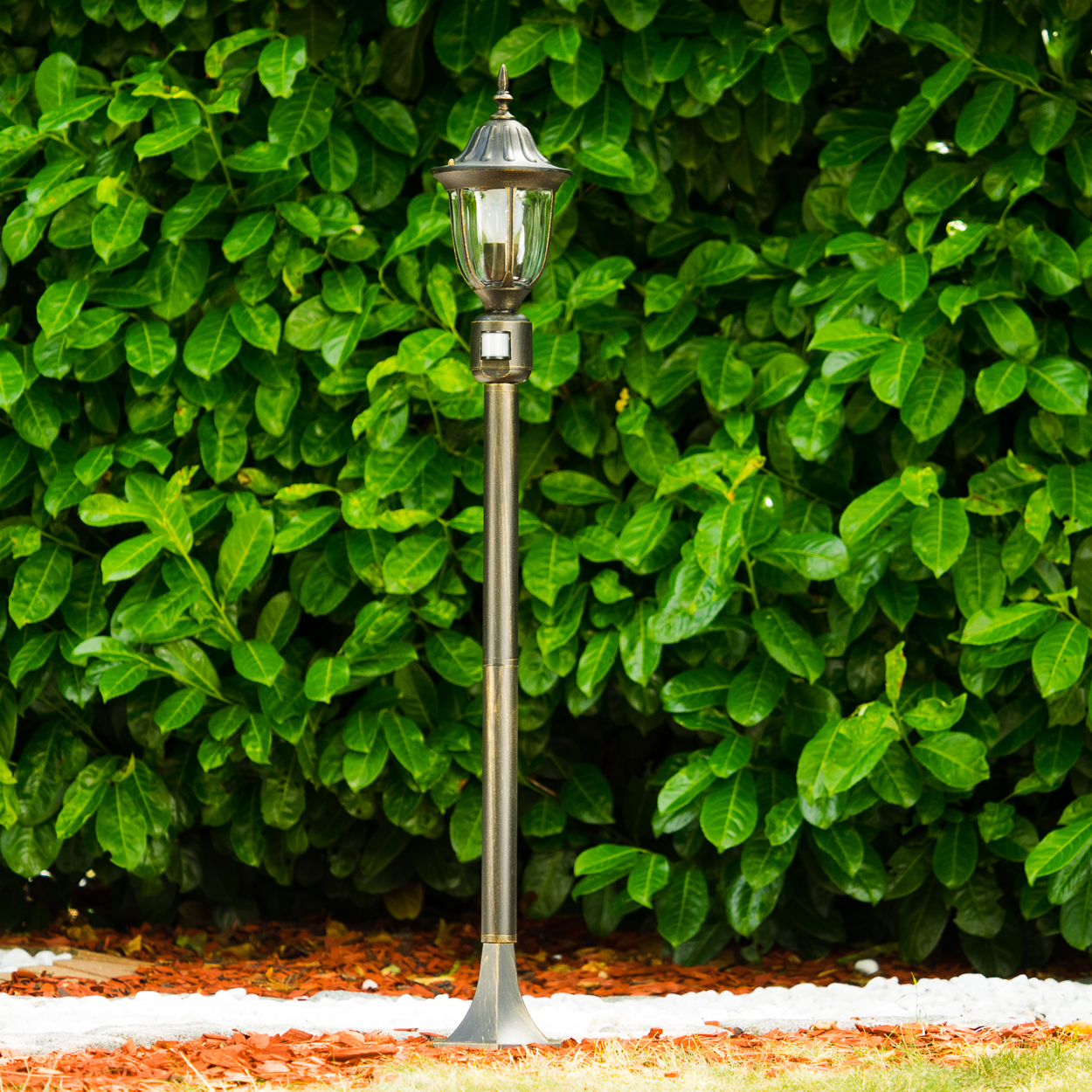 Eine dekorative Laterne steht vor einer üppigen grünen Hecke. Die Lampe ist bronzefarben mit einem Glaskasten. Der Boden hat Mulch und Gras.