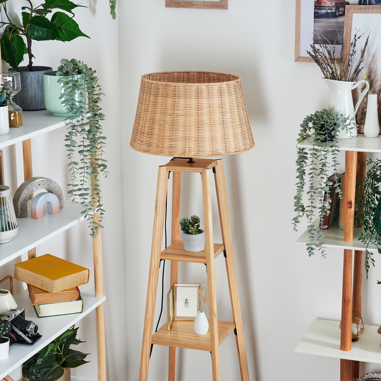 Eine gewebte Lampe steht auf einem Holzrahmen. Regale zeigen Pflanzen und Dekor. Bücher, Fotos und eine Kamera sind ebenfalls sichtbar.