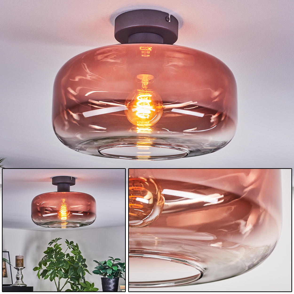 Eine moderne Deckenleuchte mit rosafarbenem Glasschirm und warmer Glühbirne. Die Leuchte ist an einer weißen Decke montiert.
