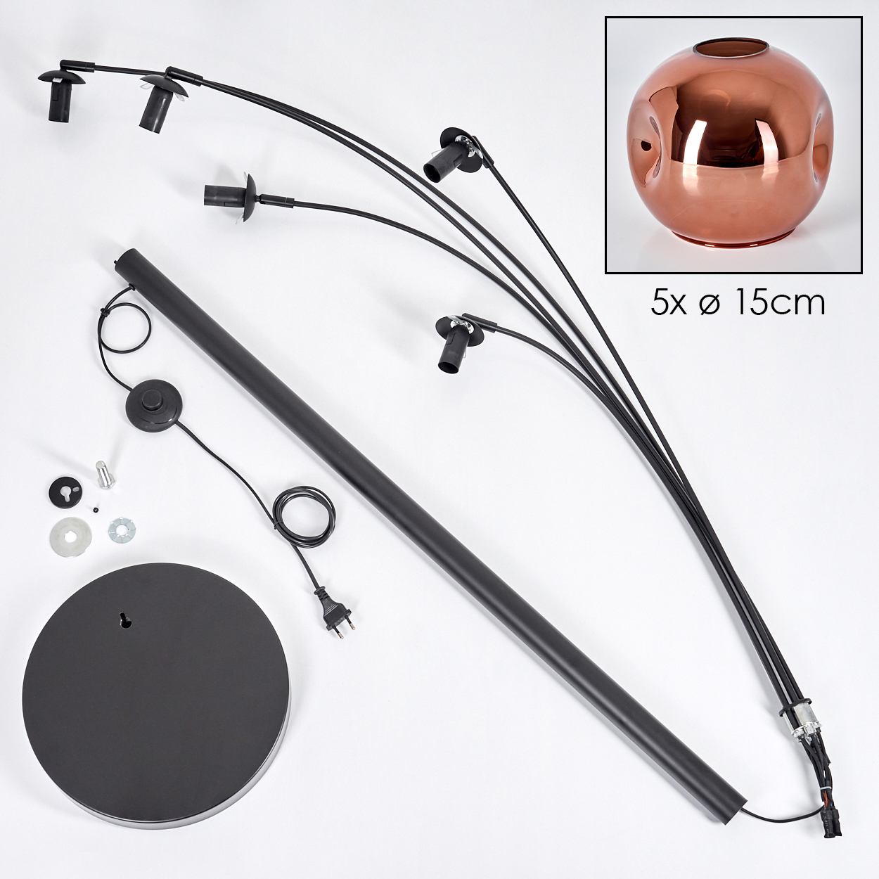 Zerlegte schwarze Bogen-Stehlampe mit kupferfarbenem Lampenschirm, Teile auf weißer Oberfläche. Enthält Sockel, Stange und Leuchten.