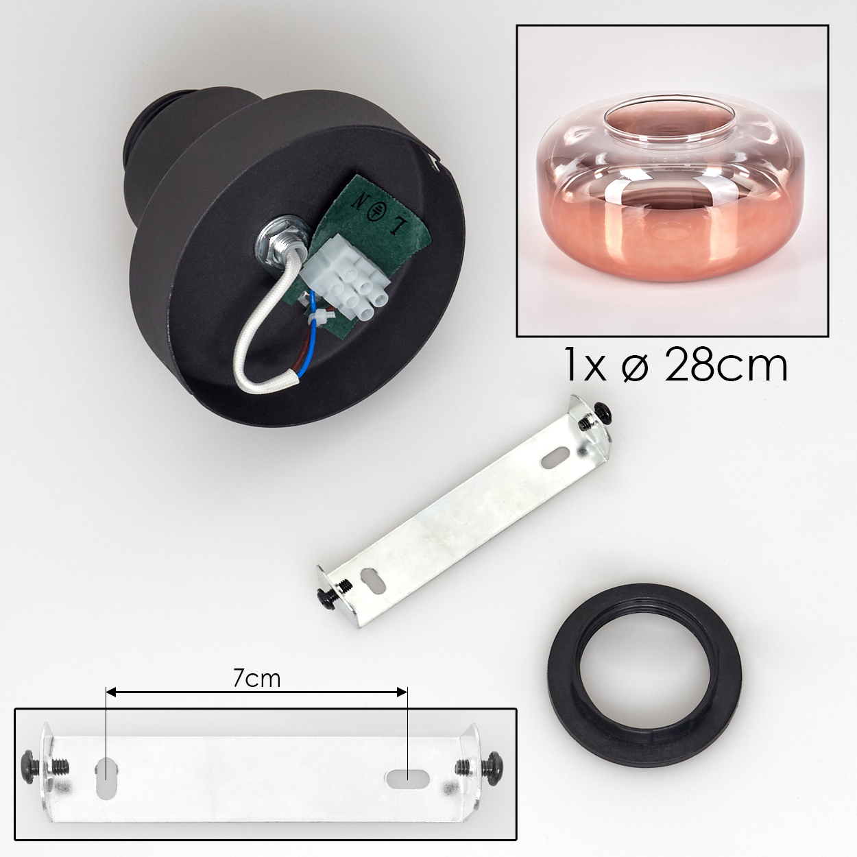 Deckenleuchtenkomponenten: ein schwarzer Sockel, ein Glasschirm, eine Halterung und ein Gummiring. Maße und Produktdetails sind abgebildet.
