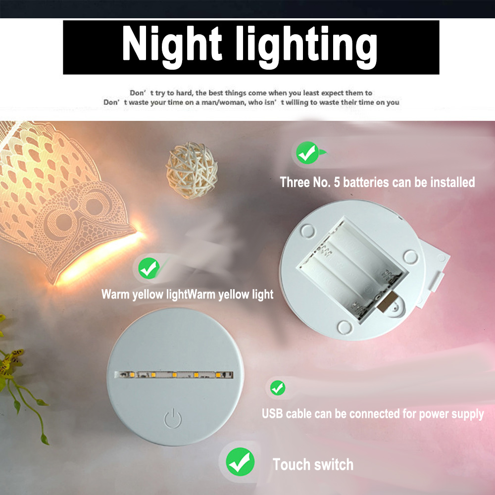Ein Nachtlicht mit Eulen-Design, Batteriefach und Touch-Schalter. Text: Nachtbeleuchtung, USB-Kabel, warmes gelbes Licht.
