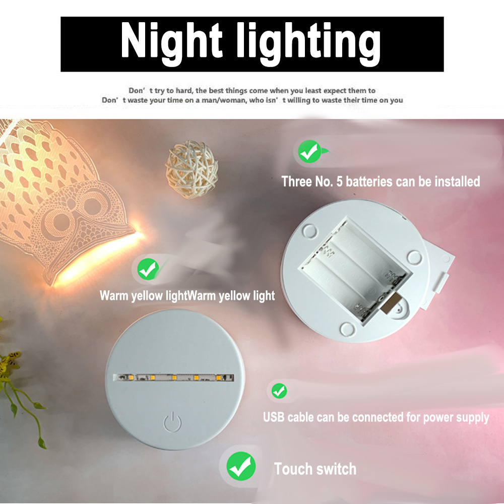 Das Bild zeigt ein Nachtlicht mit Eulenform, einer runden Basis und Text. Zu den Merkmalen gehören ein Touch-Schalter, ein USB-Kabel und Batteriefächer.