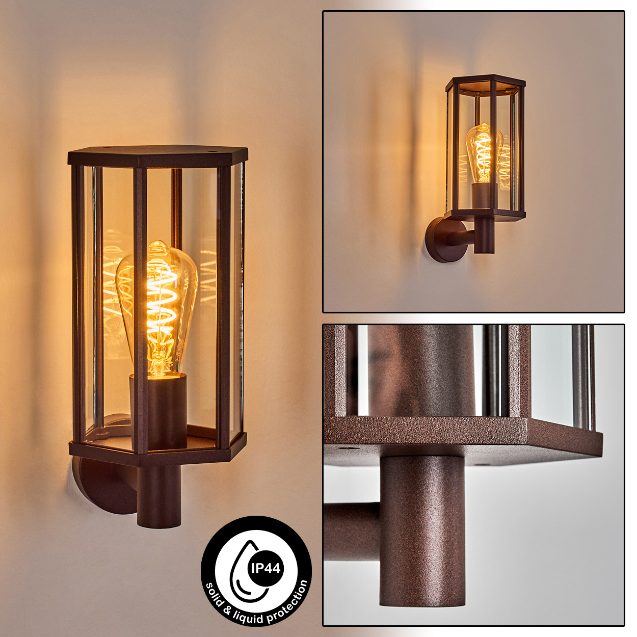 Eine bronzefarbene Außenwandleuchte mit einer glühenden Glühbirne in einem Glasgehäuse. Die Lampe ist an einer hellen Wand befestigt.
