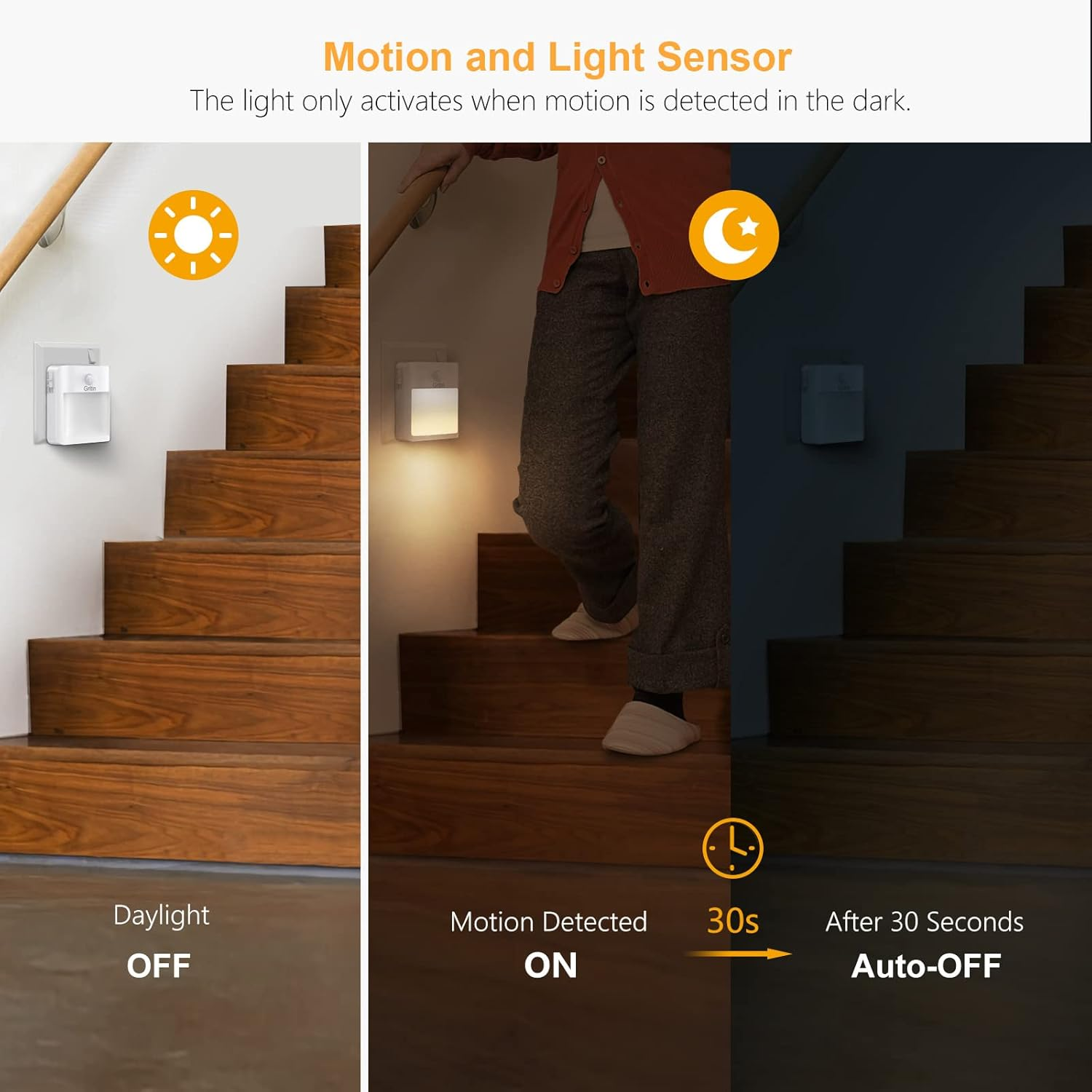 Bild zeigt einen Lichtsensor auf einer Treppe. Tageslicht aus, Bewegung erkannt an, dann nach 30 Sekunden automatisch aus. Eine Person geht die Treppe hoch.