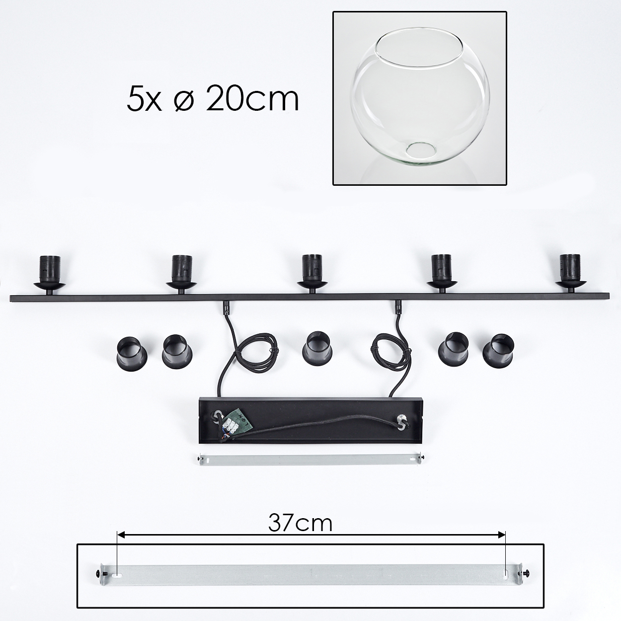 Eine zerlegte schwarze Lampe mit fünf Fassungen, einer Glasschale und anderen Komponenten, darunter ein 37 cm langes Metallstück.