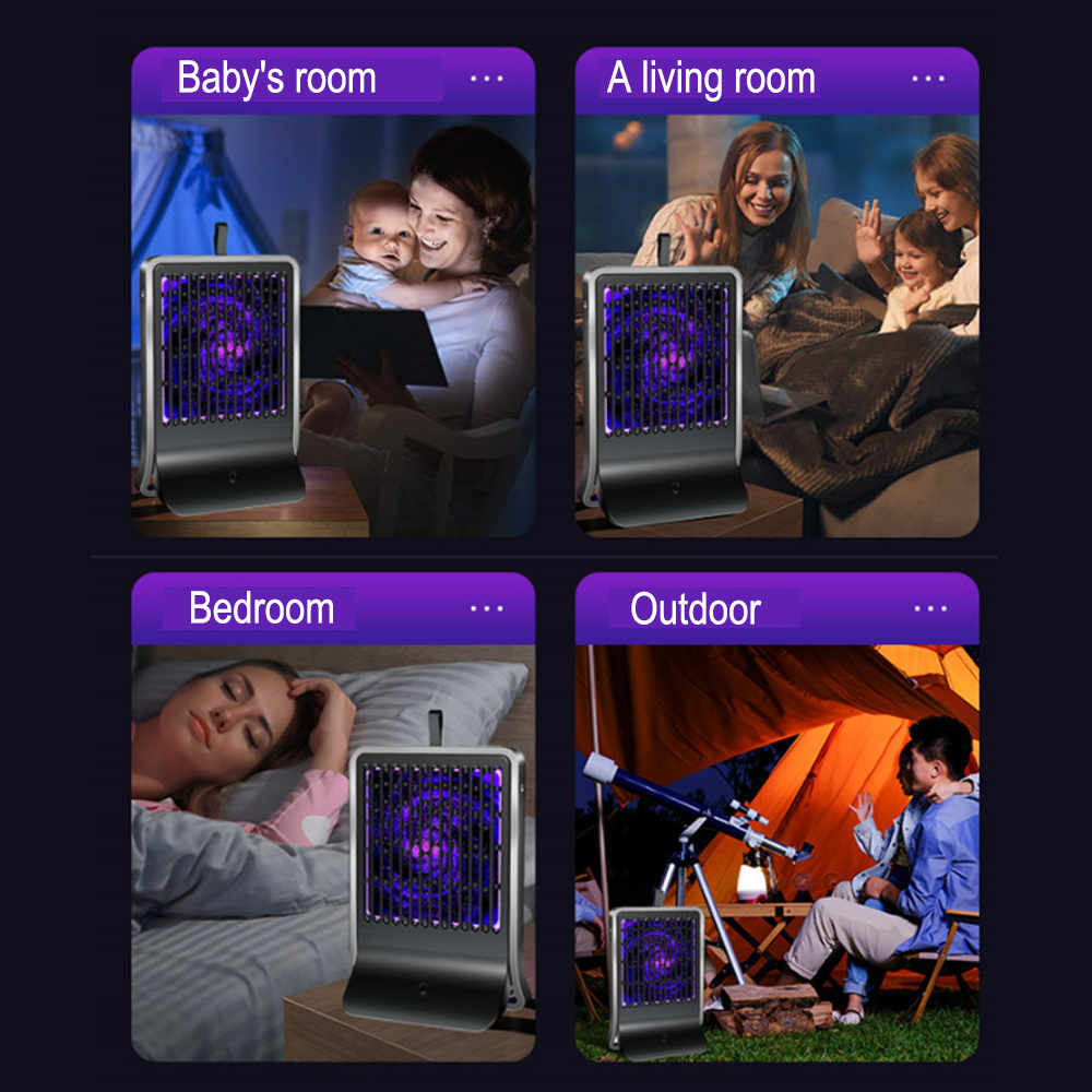 Vier Szenen: Babyzimmer, Wohnzimmer, Schlafzimmer und im Freien. Jede Szene zeigt ein Moskitokiller-Gerät, das seine Verwendung in verschiedenen Umgebungen demonstriert.