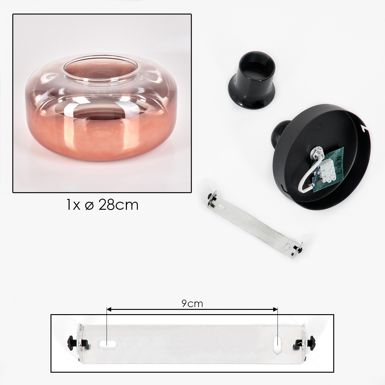 Komponenten der Deckenleuchte: Glasschirm, schwarzer Sockel, Metallbügel und ein schwarzer Adapter. Abmessungen und ein Diagramm sind abgebildet.