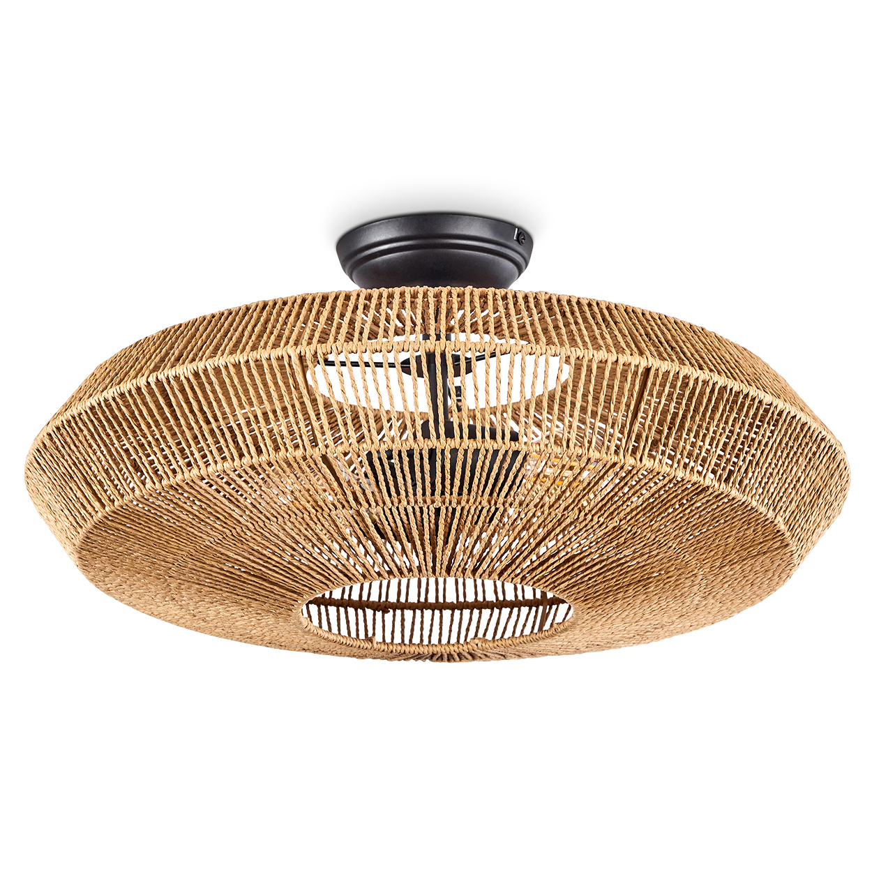 Eine gewebte, hellbraune, oval geformte Deckenlampe ist zentriert, mit einem schwarzen Sockel. Der Hintergrund ist weiß.