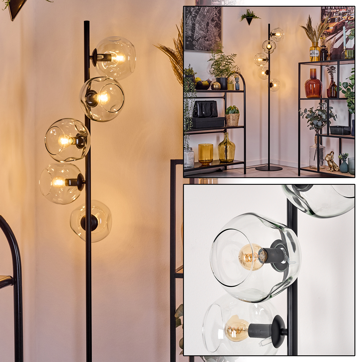 Moderne Stehlampe mit fünf Glaskugeln. Im Hintergrund Regale mit Pflanzen und Dekorationsartikeln.