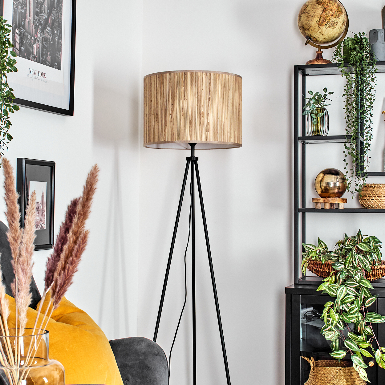 Ecke des Wohnzimmers mit Stehlampe. Es gibt ein Regal mit Dekorationen und Pflanzen. Ein Bild an der Wand.