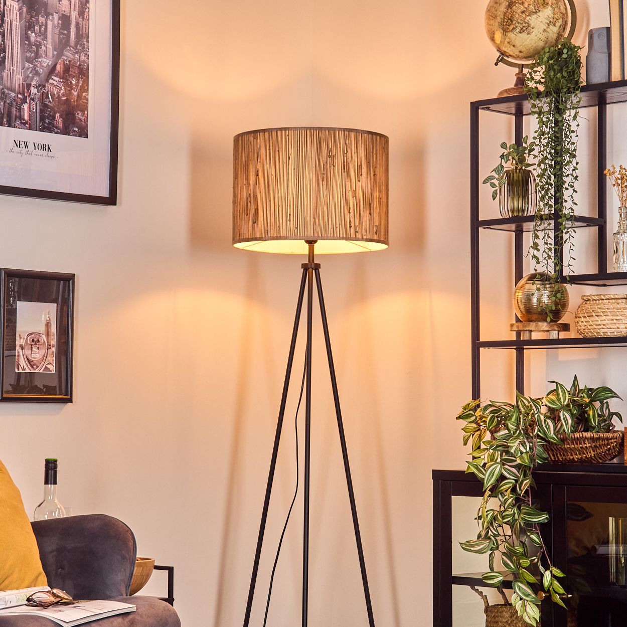 Eine beleuchtete Stehlampe steht in einem Raum. Ein gerahmtes New York-Bild, ein Globus und Pflanzen sind im Hintergrund.