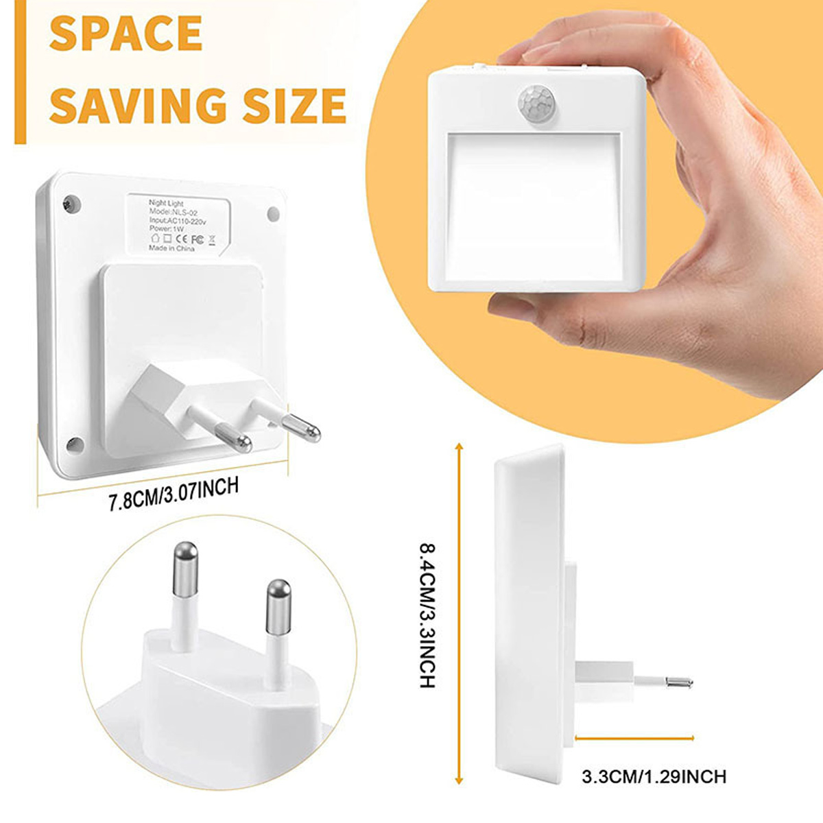 Eine weiße Nachtlampe wird in der Hand gehalten. Sie hat einen Bewegungssensor. Abmessungen sind angegeben. Text: Platzsparendes Design.