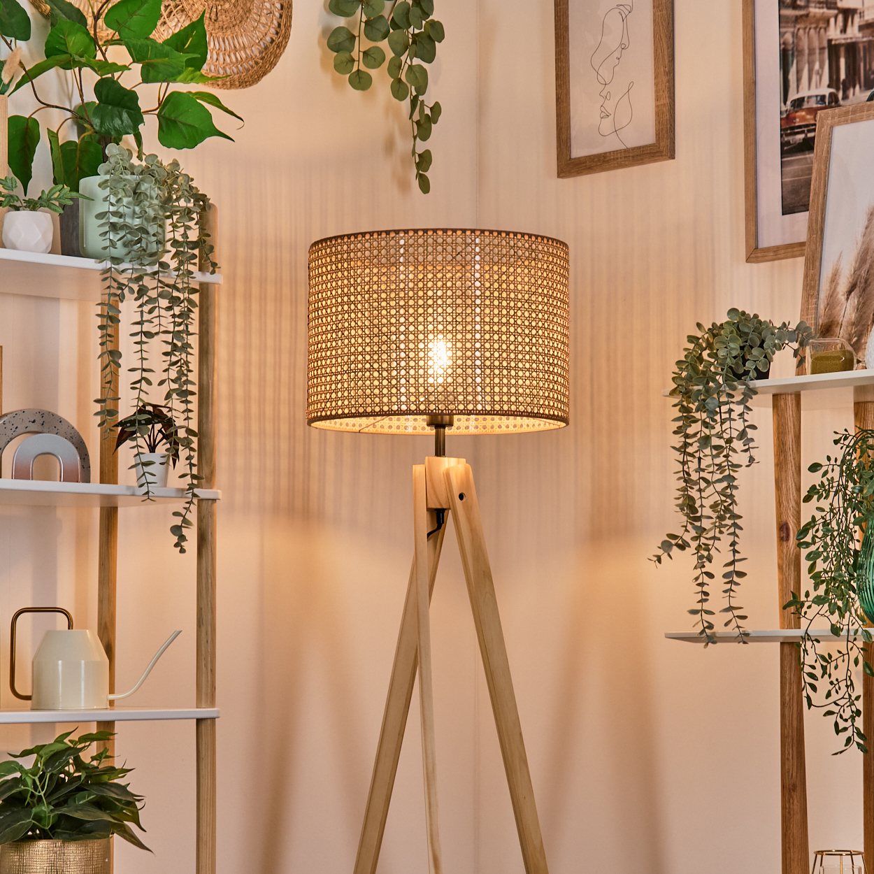 Eine hölzerne Stativlampe mit gewebtem Schirm ist zentriert. Auf beiden Seiten befinden sich Regale mit Pflanzen. Bilder und hängende Pflanzen an der Wand.
