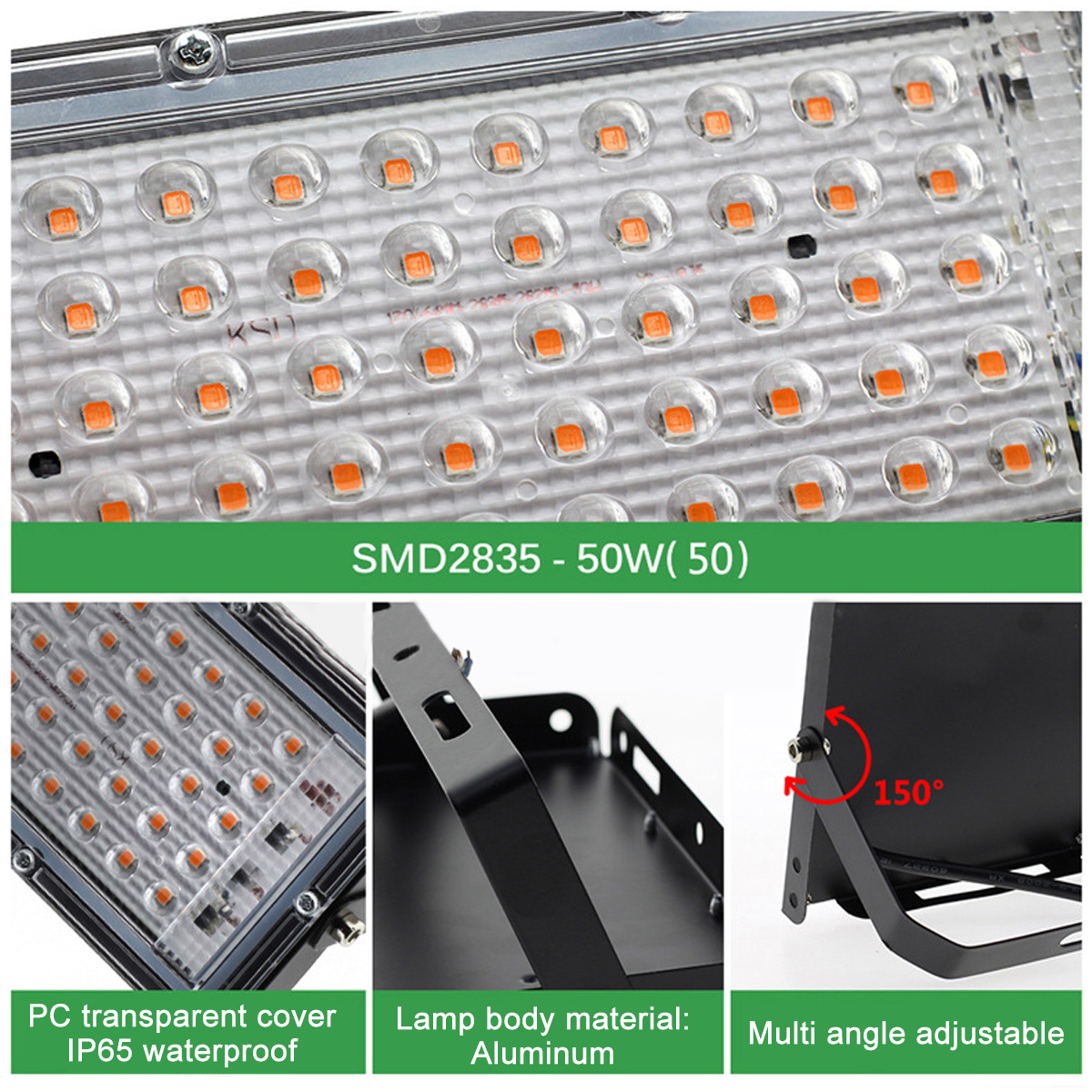LED-Lampendetails: SMD2835, 50W, transparente Abdeckung, IP65 wasserdicht, Aluminiumgehäuse, multiwinkelverstellbar bis 150 Grad.