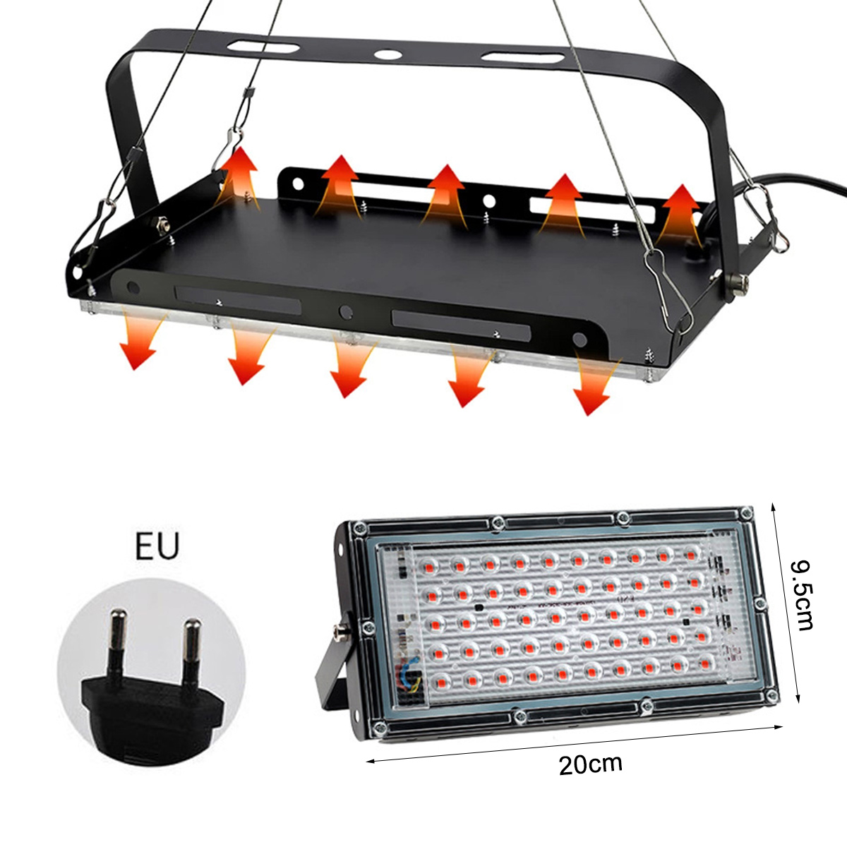 Eine schwarze LED-Pflanzenlampe mit Aufhängebügel und einem separaten Flutlichtstrahler. Ein EU-Stecker ist ebenfalls abgebildet.