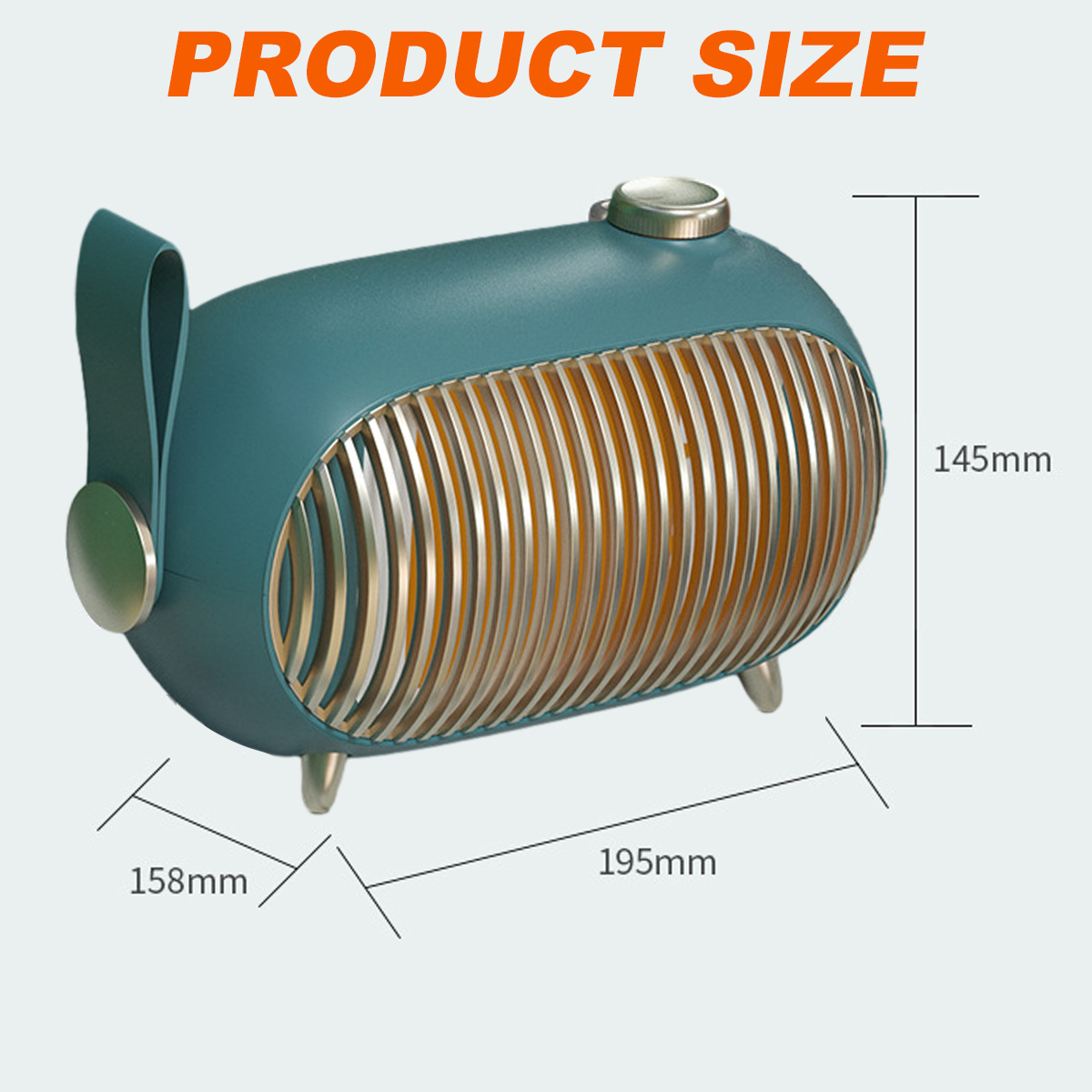 Ein türkisfarbener Heizlüfter mit Griff, beschriftet mit 'PRODUCT SIZE'. Maße: 195 mm, 158 mm und 145 mm. Metallgitter, silberne Akzente.