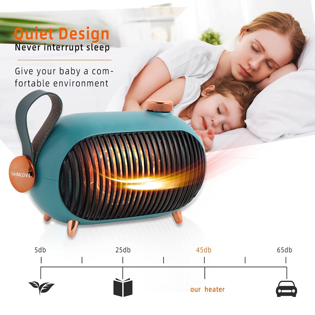 Ein türkisfarbener Heizlüfter mit Griff vor schlafender Mutter und Kind. Text: 'Leises Design'. Geräuschpegelanzeigen.
