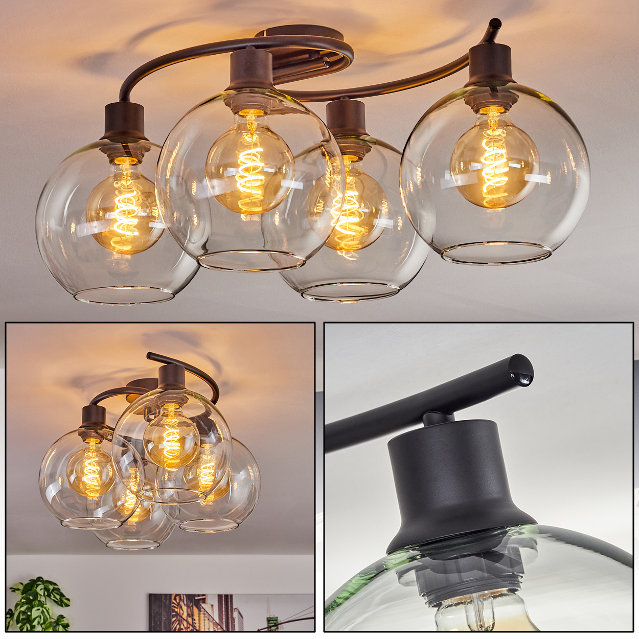 Eine moderne Deckenlampe mit vier klaren Glaskugeln, jede mit einer warm leuchtenden Glühbirne. Die Halterung ist schwarz.