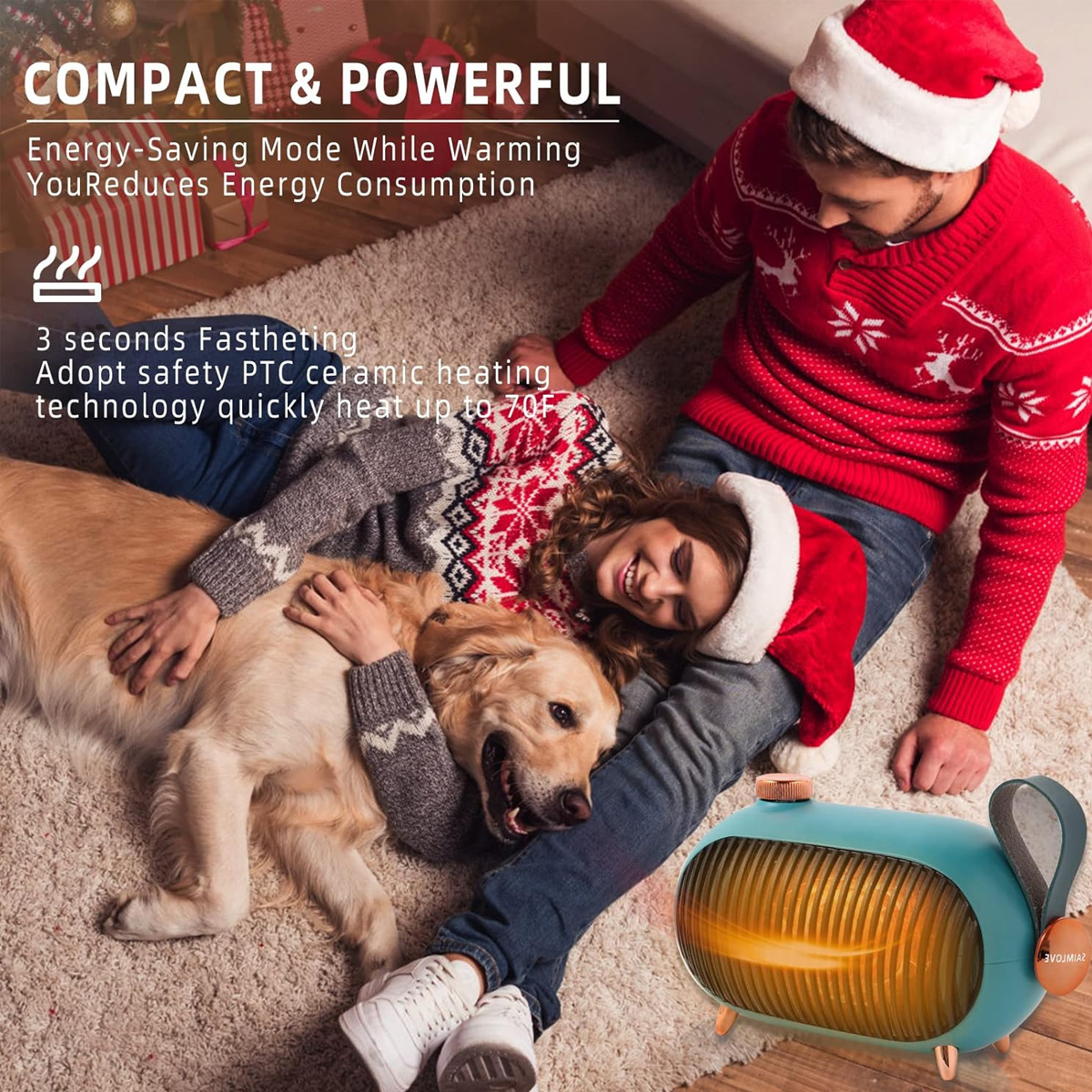 Ein Paar und ein Hund entspannen sich mit einem Heizgerät auf einem Teppich. Der Mann trägt einen Weihnachtsmannhut. Text wirbt für das Heizgerät.