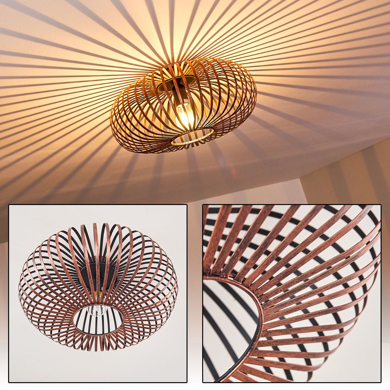 Eine dekorative Deckenlampe mit braunem Metallkäfig-Design, das Schatten wirft. Eine Glühbirne ist sichtbar.