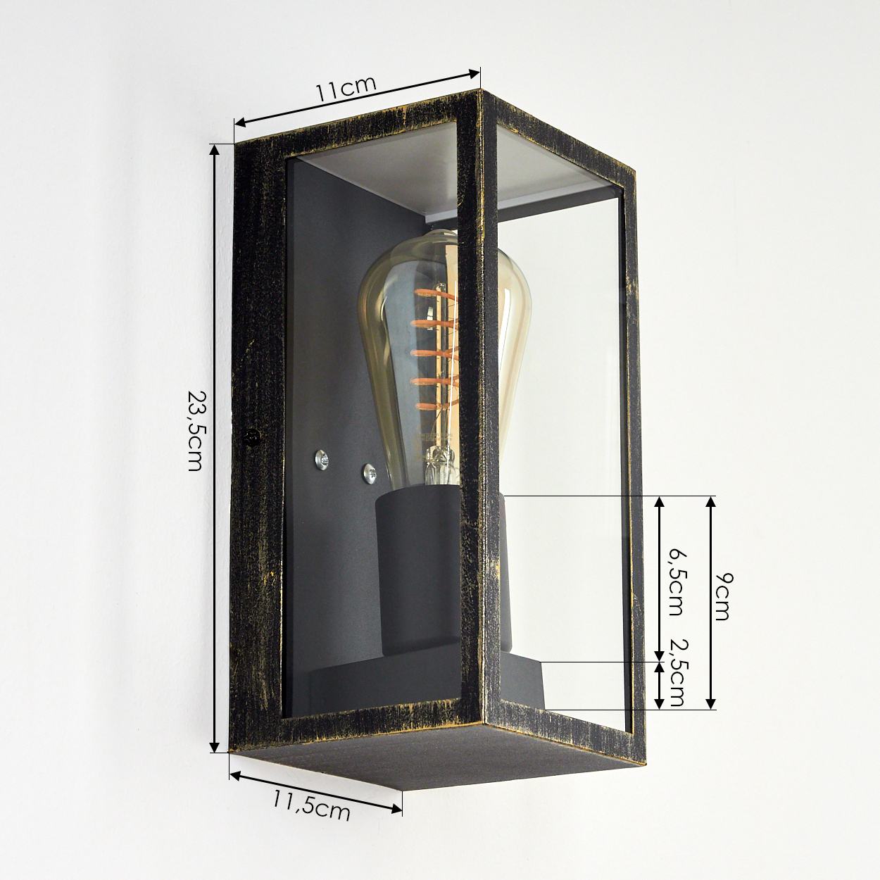 Rechteckige Wandlampe mit Glasfront, schwarzem Rahmen und sichtbarer Glühbirne. Abmessungen sind auf dem Bild angegeben.