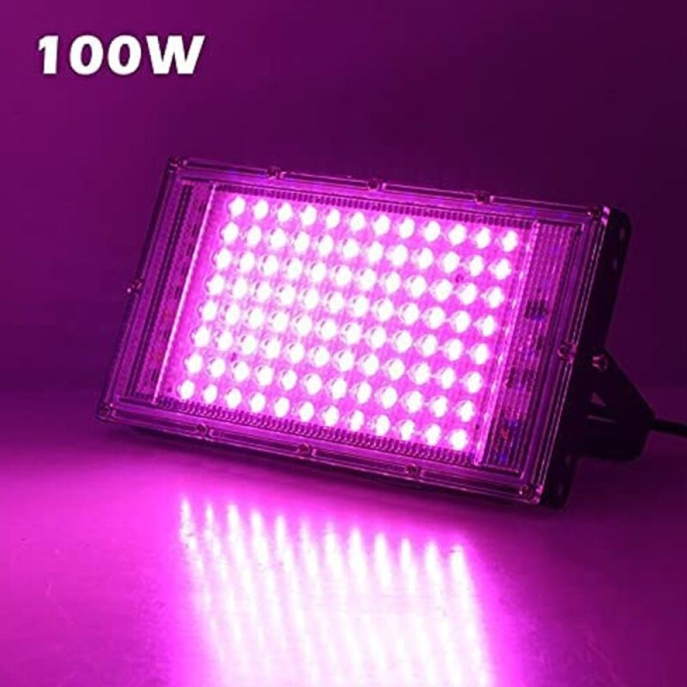 Ein 100W lila LED-Flutlicht. Das Licht ist rechteckig mit vielen kleinen Lichtern. Der Hintergrund und die Oberfläche sind lila.