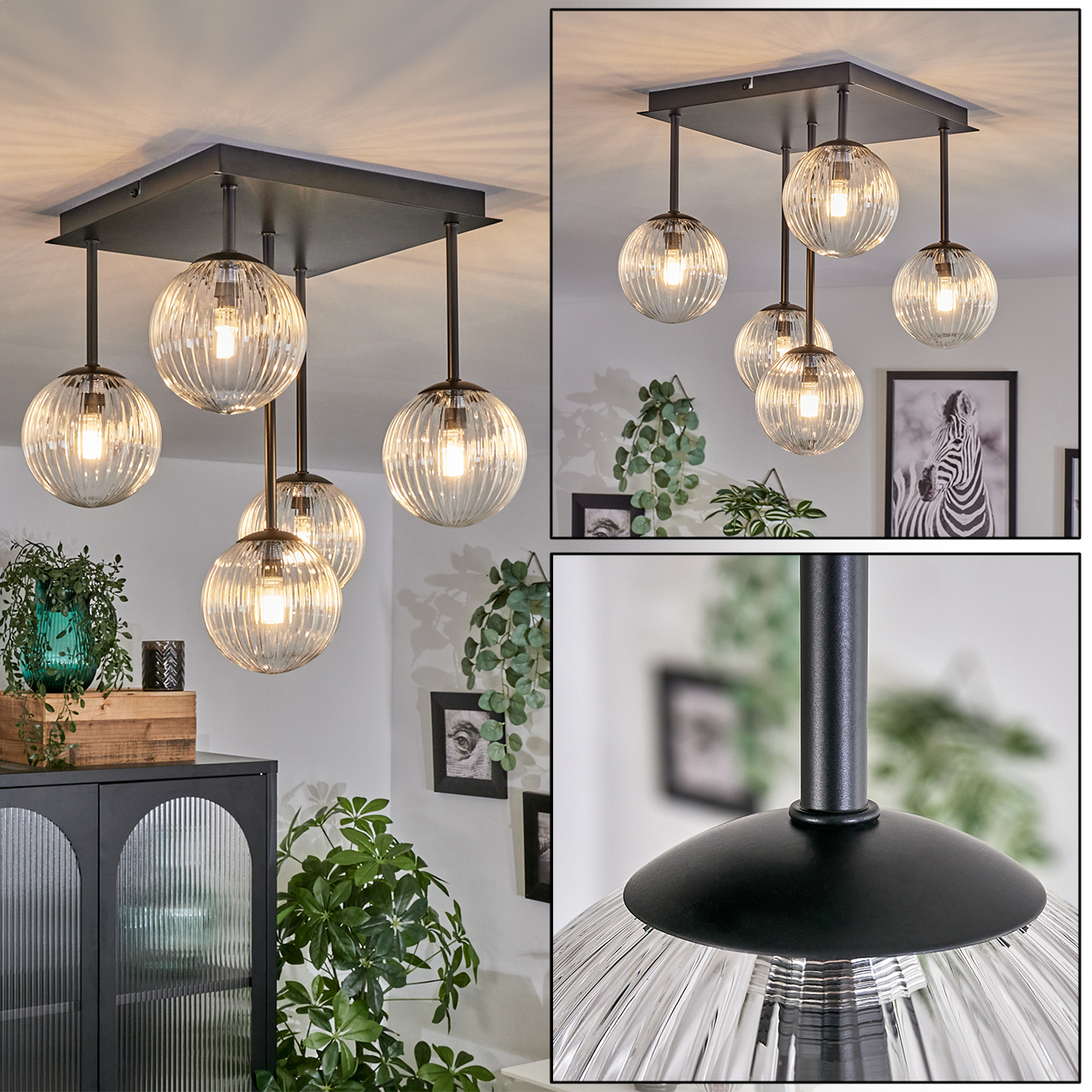 Eine moderne Deckenleuchte mit Glasschirm. Die schwarze Leuchte hängt über einem Wohnraum mit Pflanzen und gerahmter Kunst.