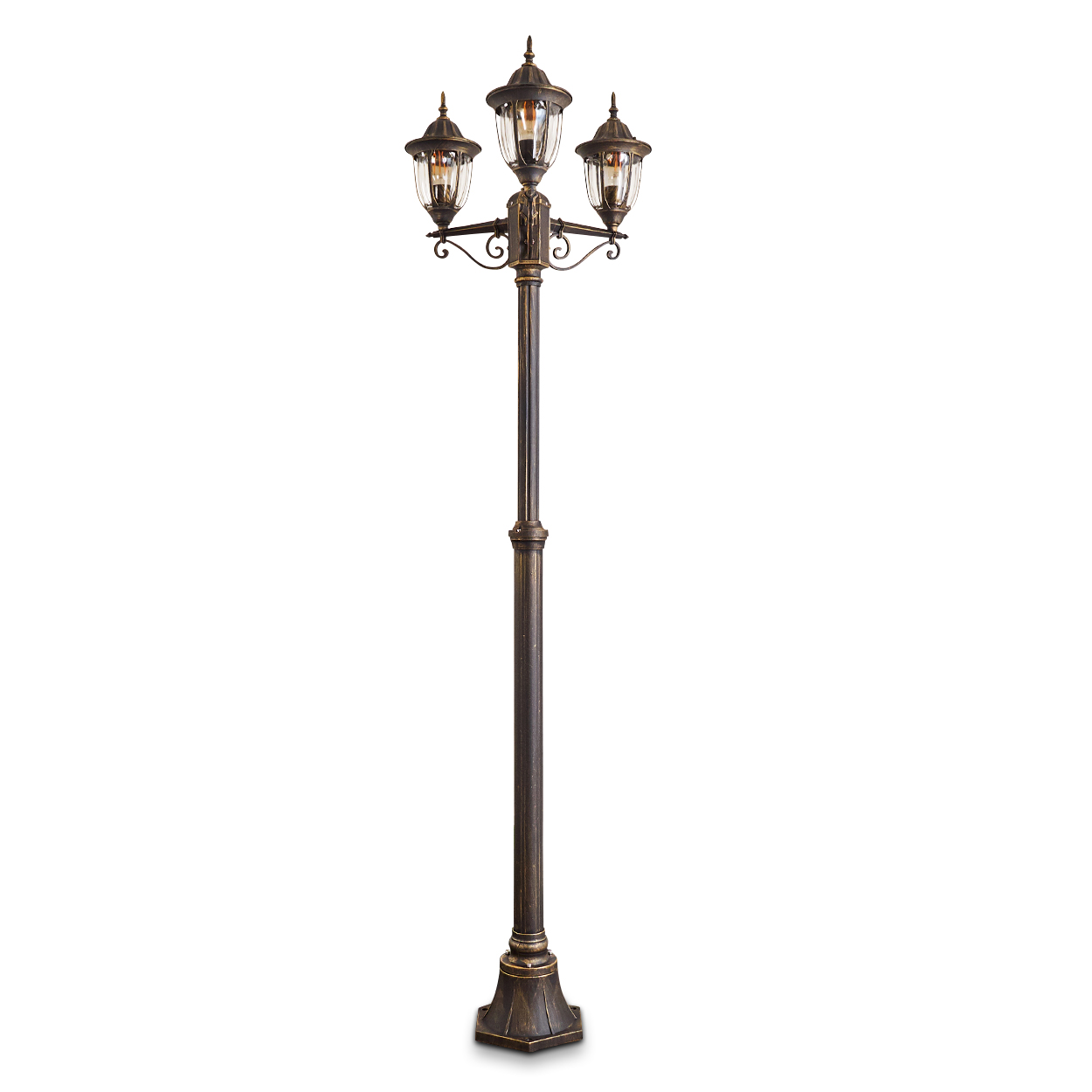 Dekorative bronzefarbene Laterne mit drei Lampen, vor weißem Hintergrund.