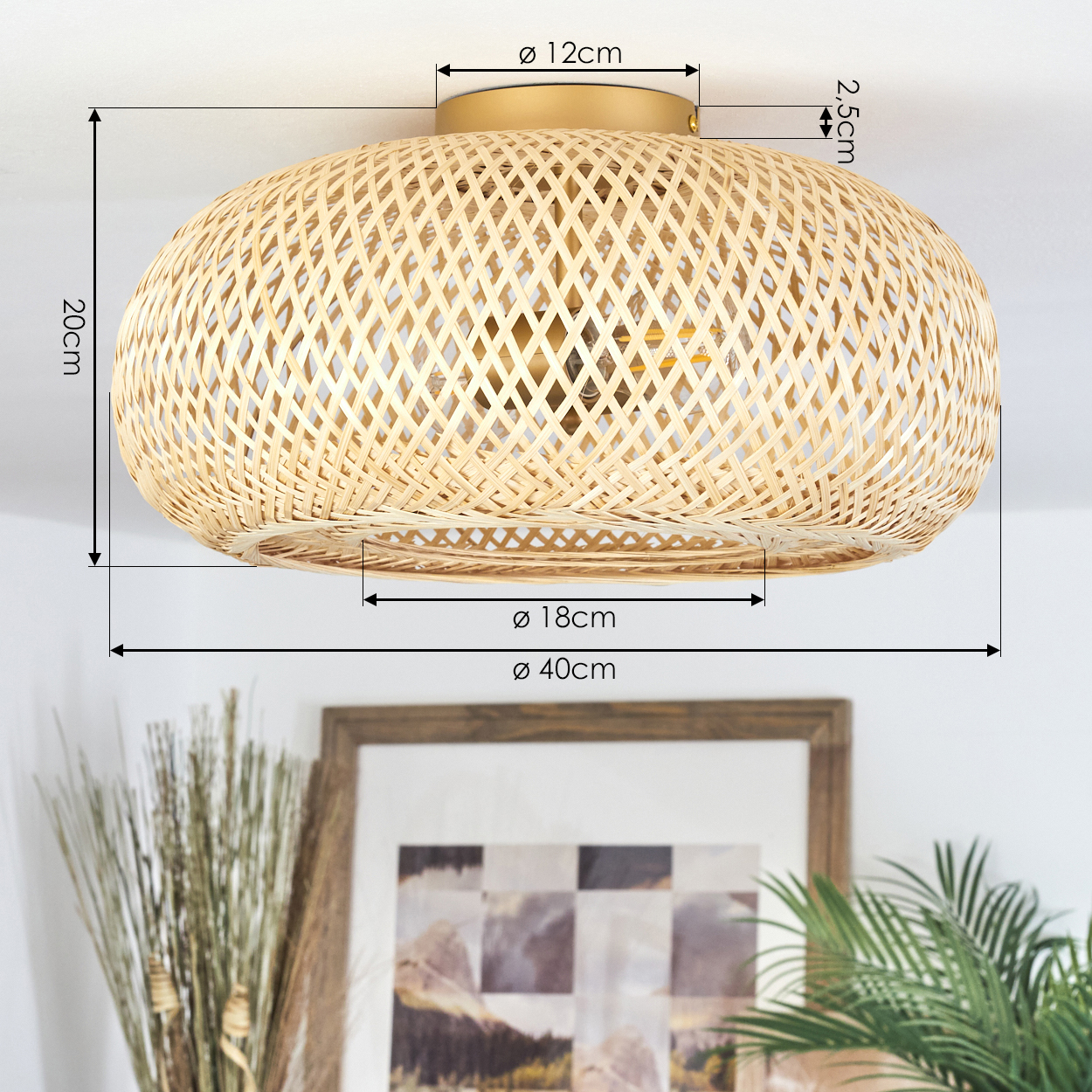 Eine gewebte Deckenlampe aus Bambus mit Maßangaben. Darunter ein gerahmtes Bild und Pflanzen vor einer weißen Wand.