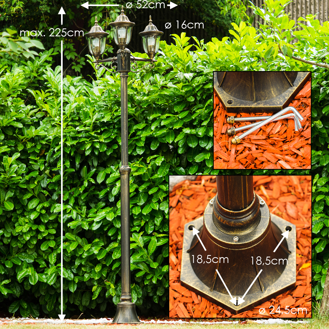 Eine bronzefarbene Laterne mit drei Lichtern steht vor einer grünen Hecke. Abmessungen sind angegeben. Nahaufnahmen zeigen Sockel und Hardware.