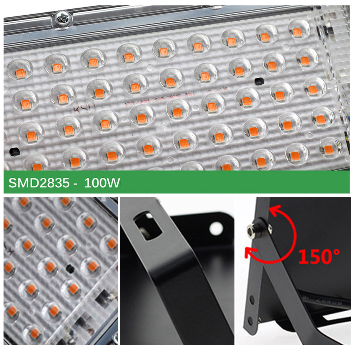 Nahaufnahme eines LED-Flutlichts mit mehreren orangefarbenen LEDs. Details zeigen Halterung und 150-Grad-Winkeleinstellung.
